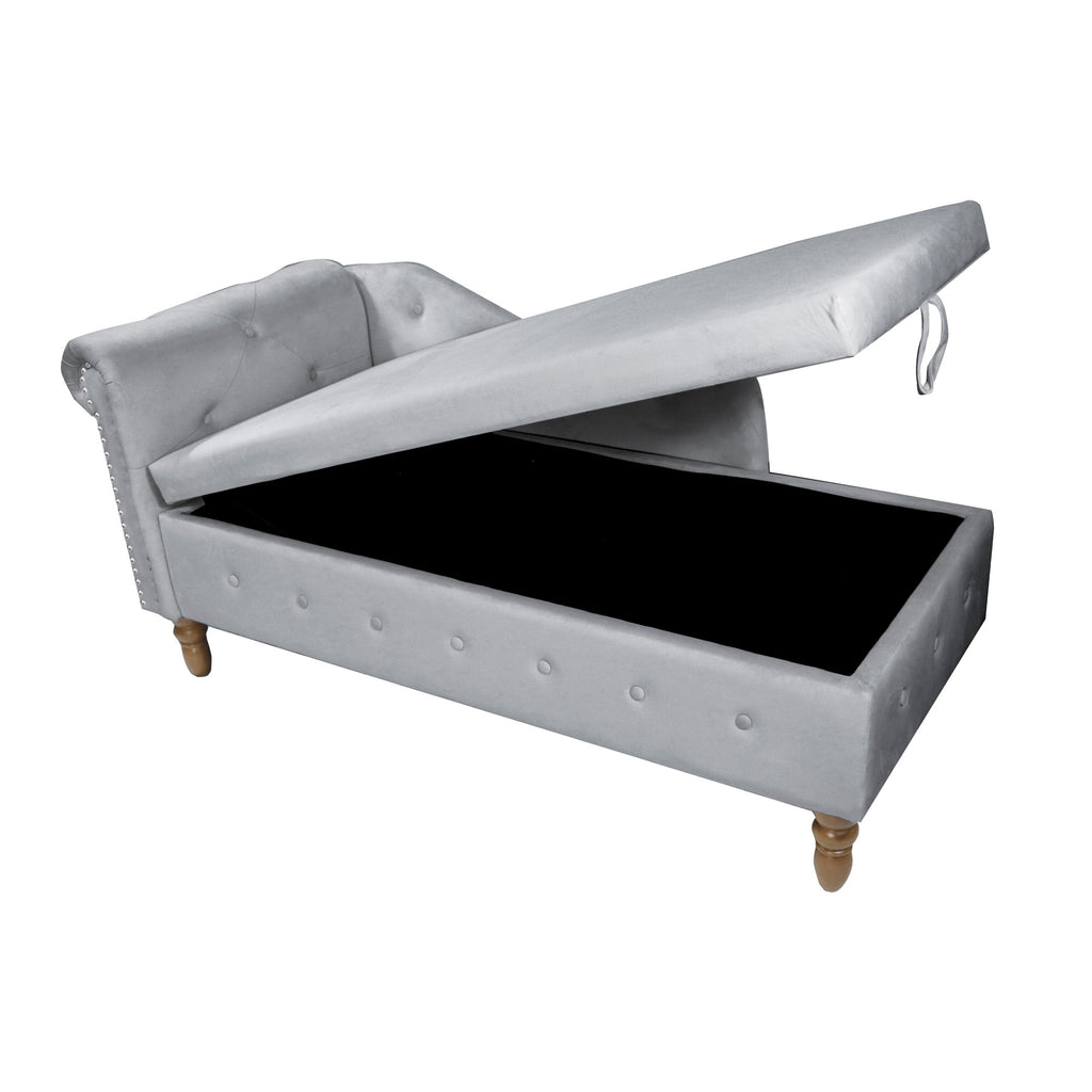 Grey Chaise Lounge Indoor, Velvet Lounge Chair for Bedroom with Storage & Pillow, Modern Upholstered Rolled Arm Chase Lounge for Sleeping with Nailhead Trim for Living Room Bedroom Office - Grand Goldman Shop
