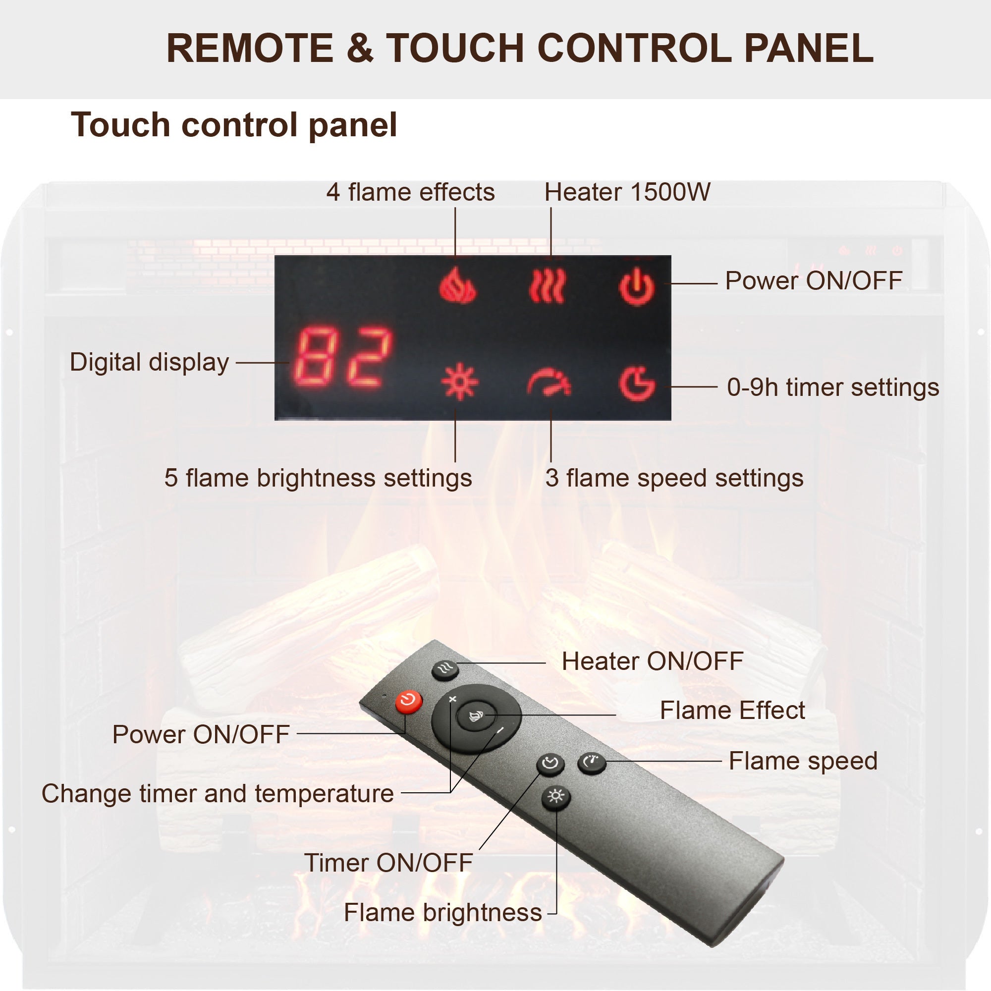 23 inch Infrared  heating electric fireplace insert, with log set & realistic flame, remote control with timer, overheating protection - Grand Goldman Shop