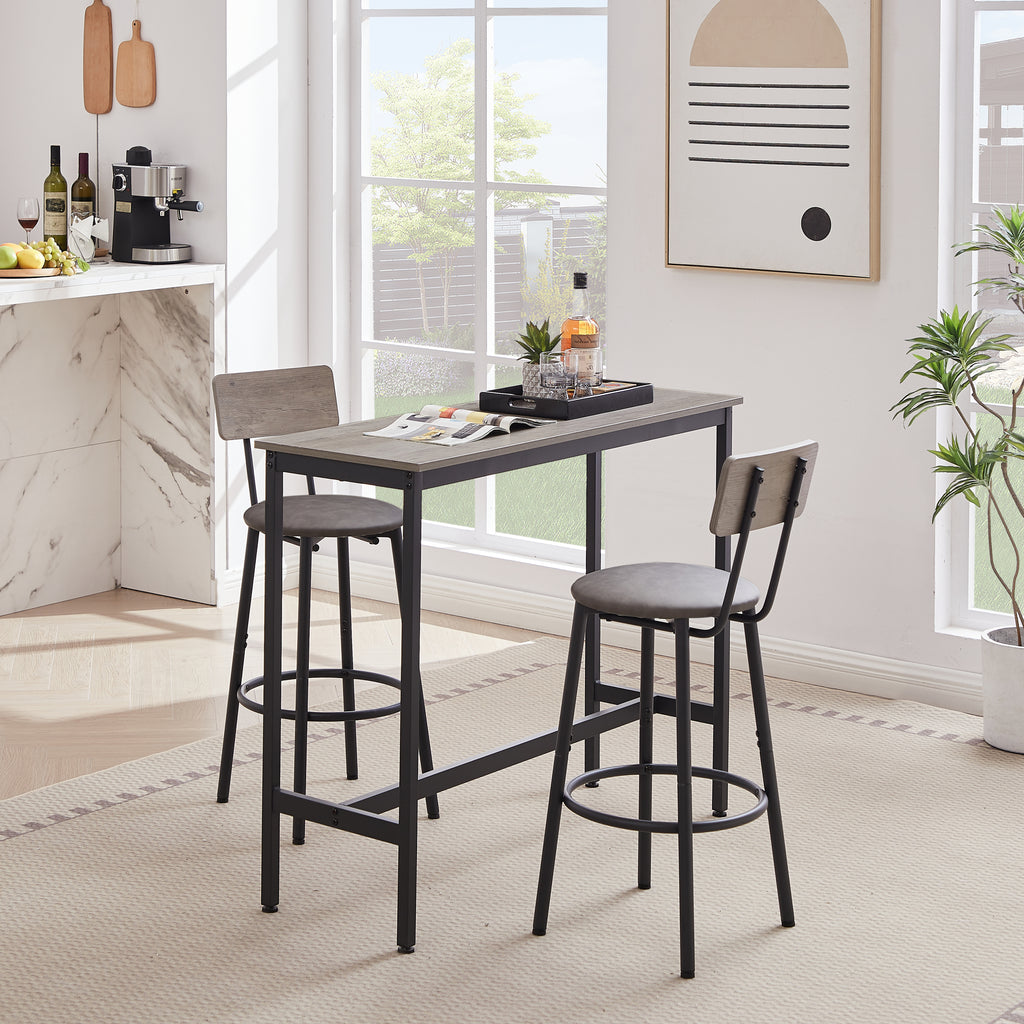 Bar Table Set with 2 Bar stools PU Soft seat with backrest, Grey, 43.31'' L x 15.75'' W x 35.43'' H. - Grand Goldman Shop