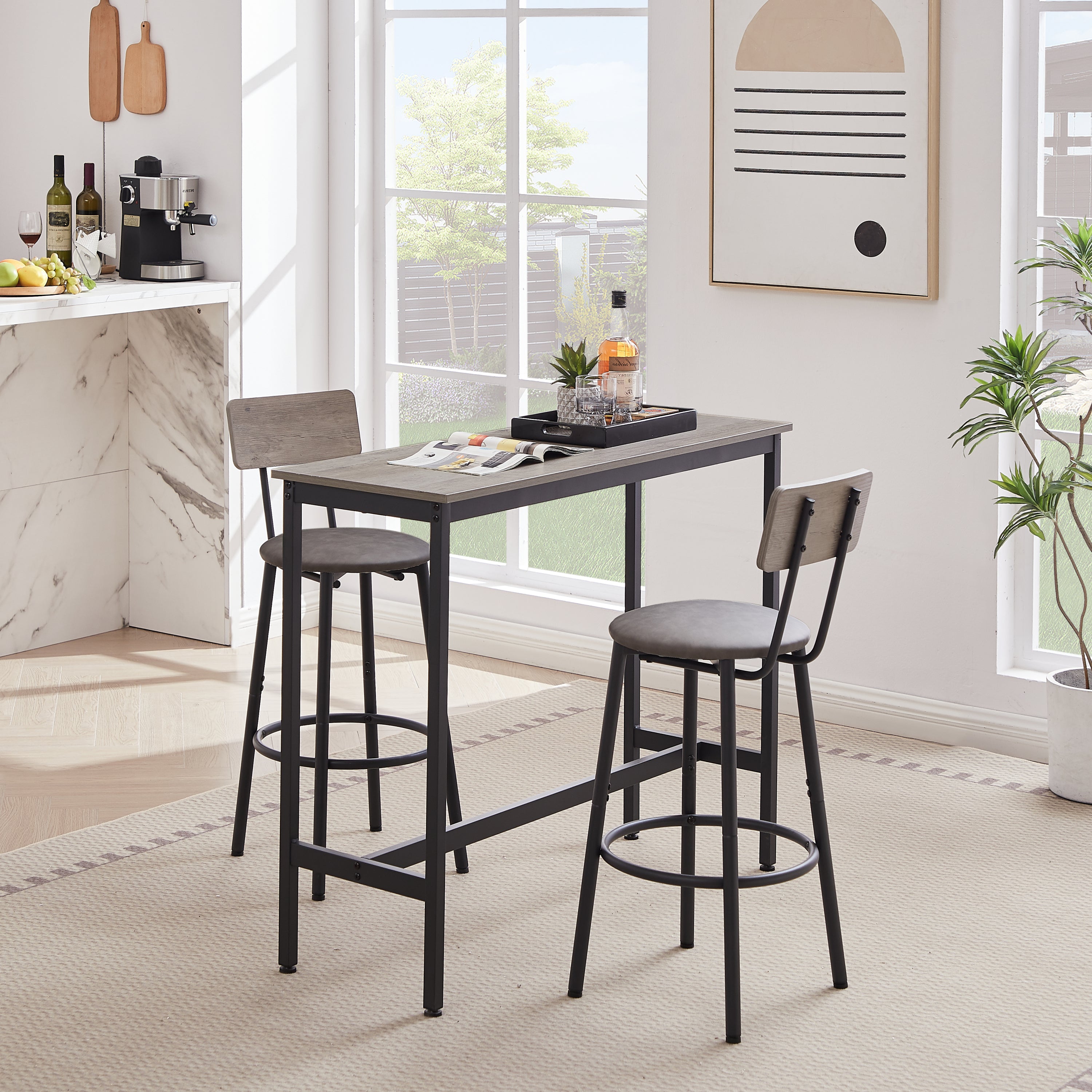 Bar Table Set with 2 Bar stools PU Soft seat with backrest, Grey, 43.31'' L x 15.75'' W x 35.43'' H. - Grand Goldman Shop
