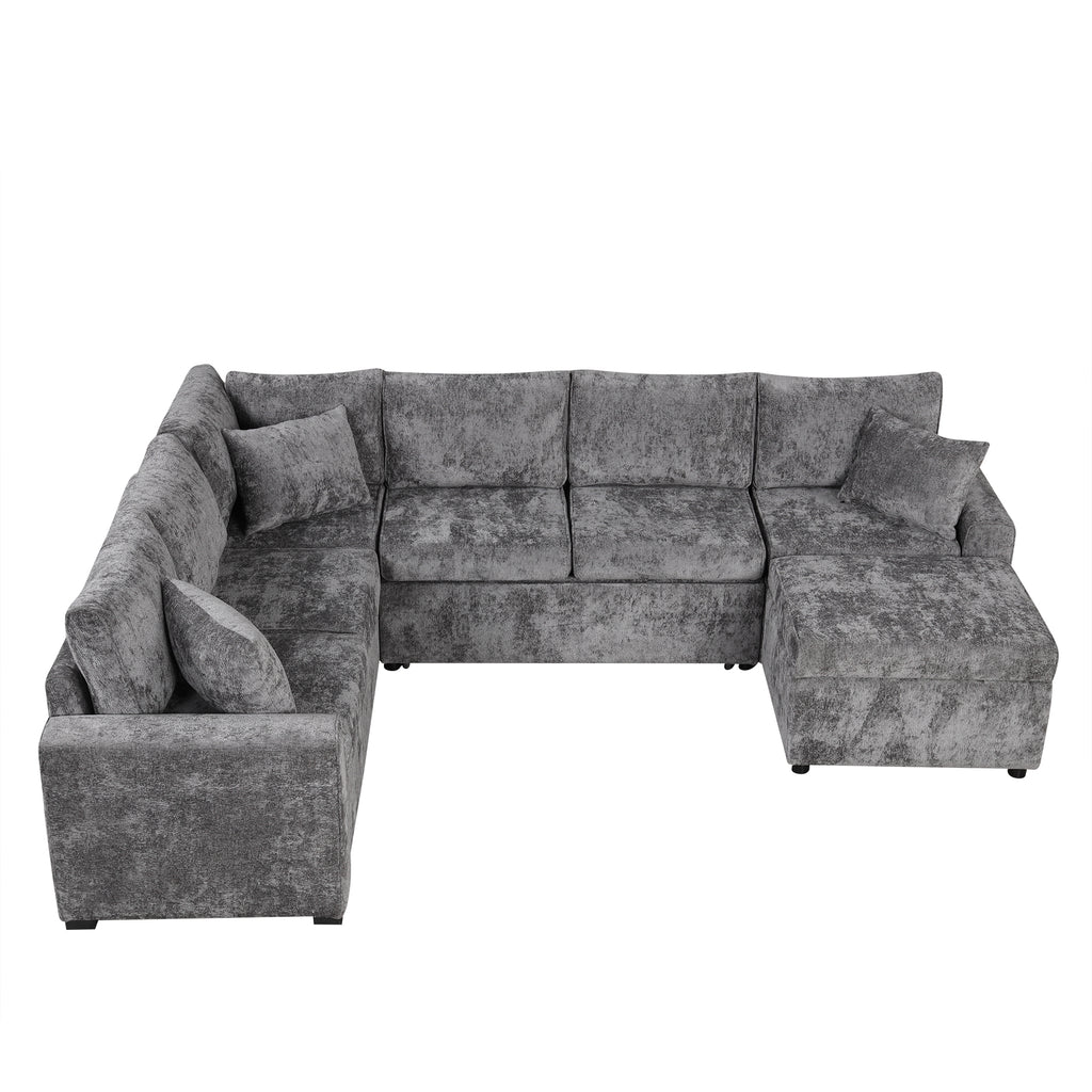 Modern Sectional Sofa Pull-out Sleeper with Storage Ottoman, USB Charging, Grey Tweed Chenille, 112.2' - Grand Goldman Shop