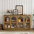 TREXM 4-Door Large Storage Buffet Cabinet with Glass Doors, Arched Cabinet with Adjustable Shelves for Kitchen, Dining Room and Living Room (Old Pine) - Grand Goldman Shop