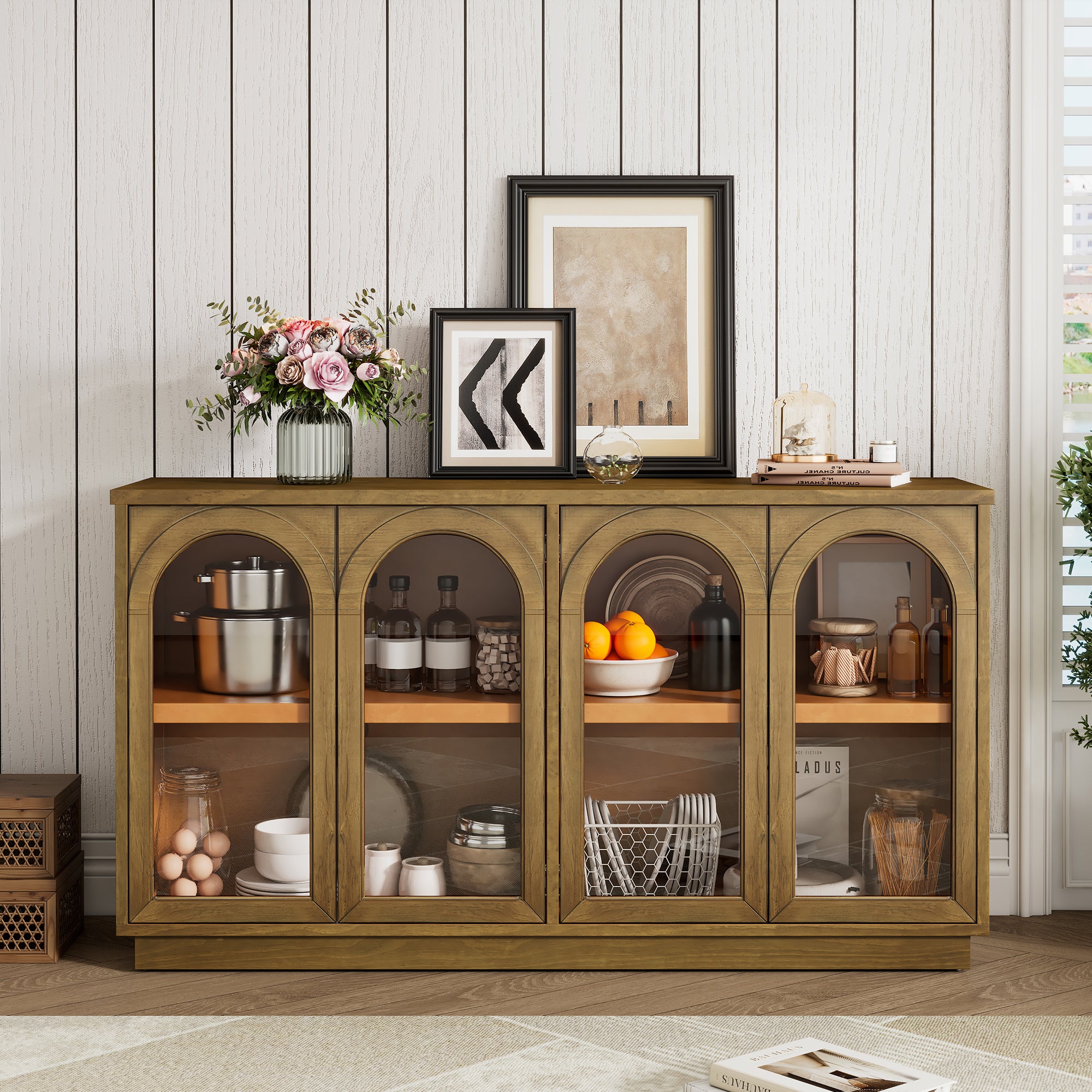 TREXM 4-Door Large Storage Buffet Cabinet with Glass Doors, Arched Cabinet with Adjustable Shelves for Kitchen, Dining Room and Living Room (Old Pine) - Grand Goldman Shop