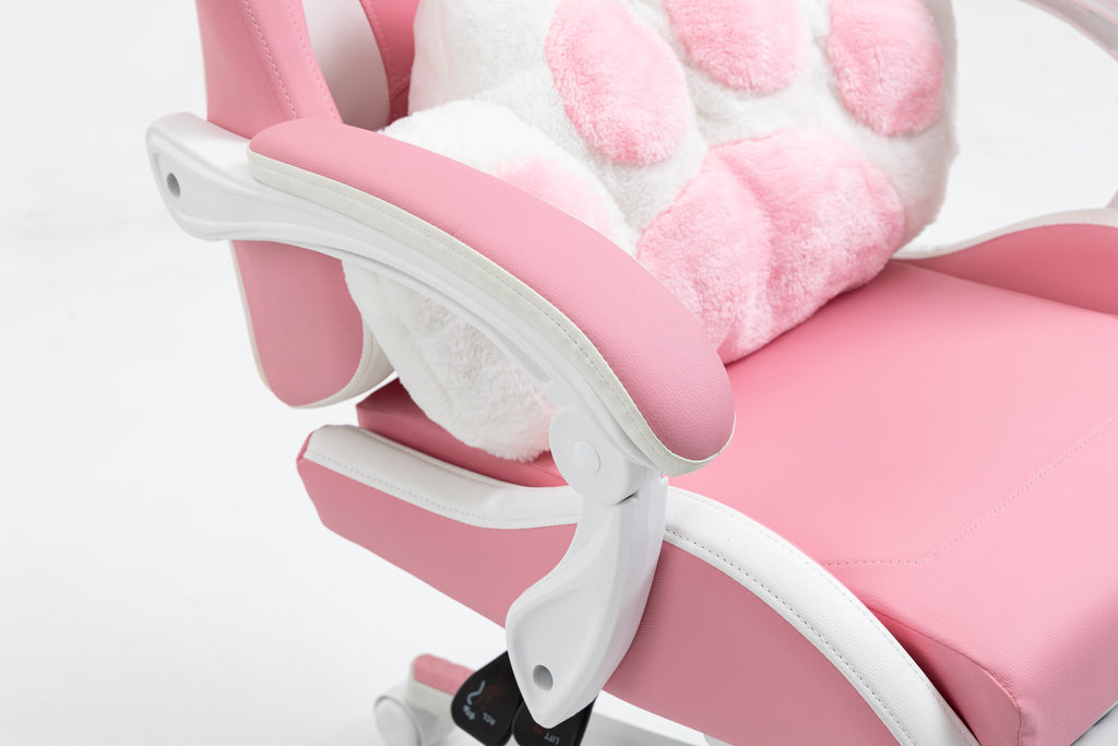 Cat Ears Pink Gaming Chair - Pink PU Leather Ergonomic Reclining Office Chair with Footrest, 310lb Capacity, 6-Position Recli