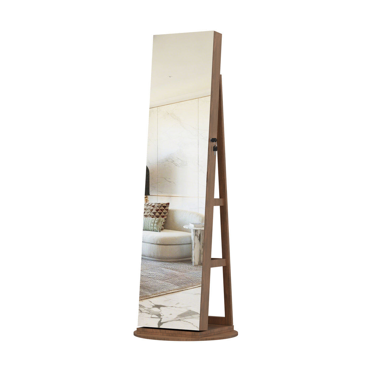 360°Swivel Jewelry Cabinet with Full Length Mirror, 360°Rotating Standing Jewelry Armoire Organizer , Lockable Storage Cabinet, Interior Lighted Mirror, Light Walnut - Grand Goldman Shop