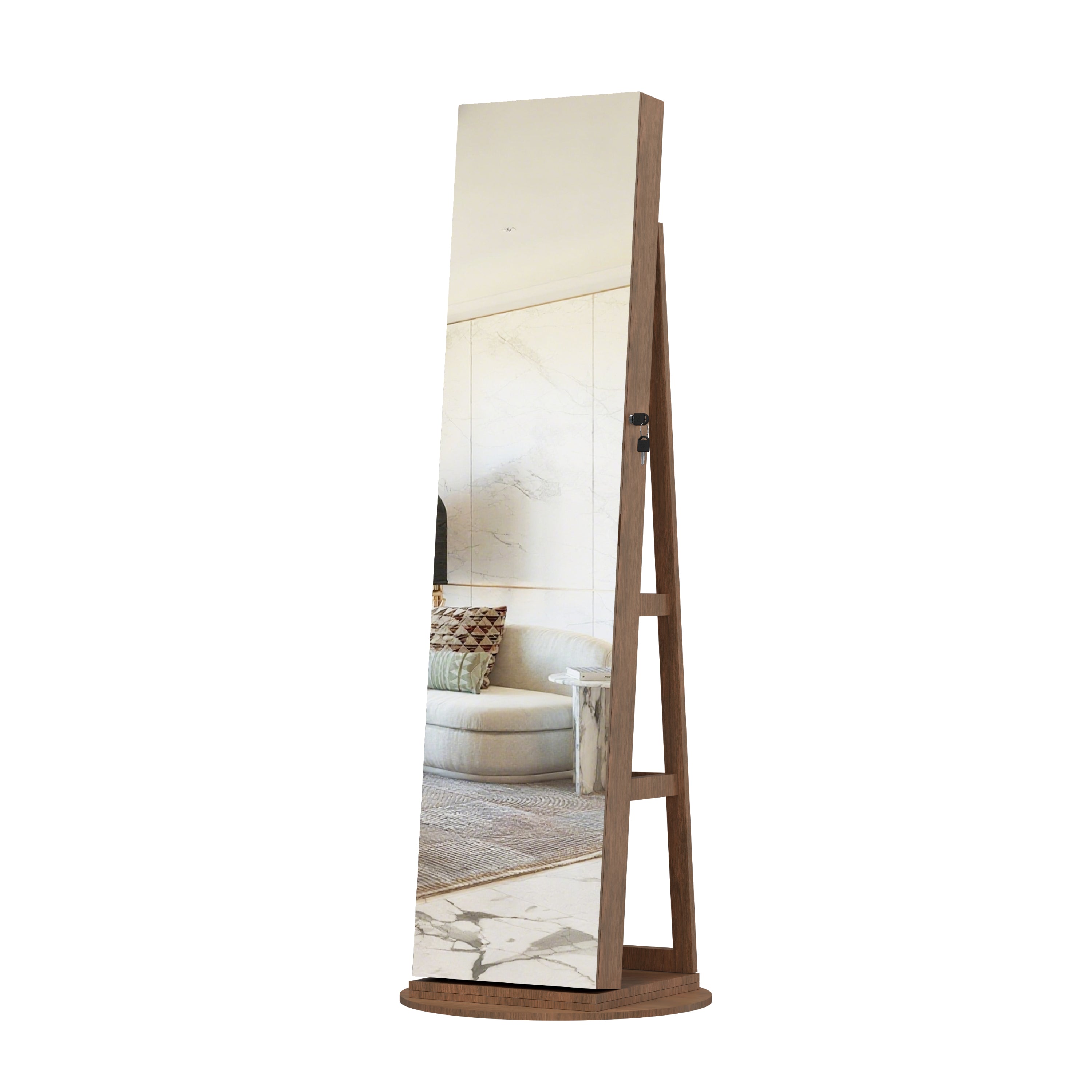 360°Swivel Jewelry Cabinet with Full Length Mirror, 360°Rotating Standing Jewelry Armoire Organizer , Lockable Storage Cabinet, Interior Lighted Mirror, Light Walnut - Grand Goldman Shop