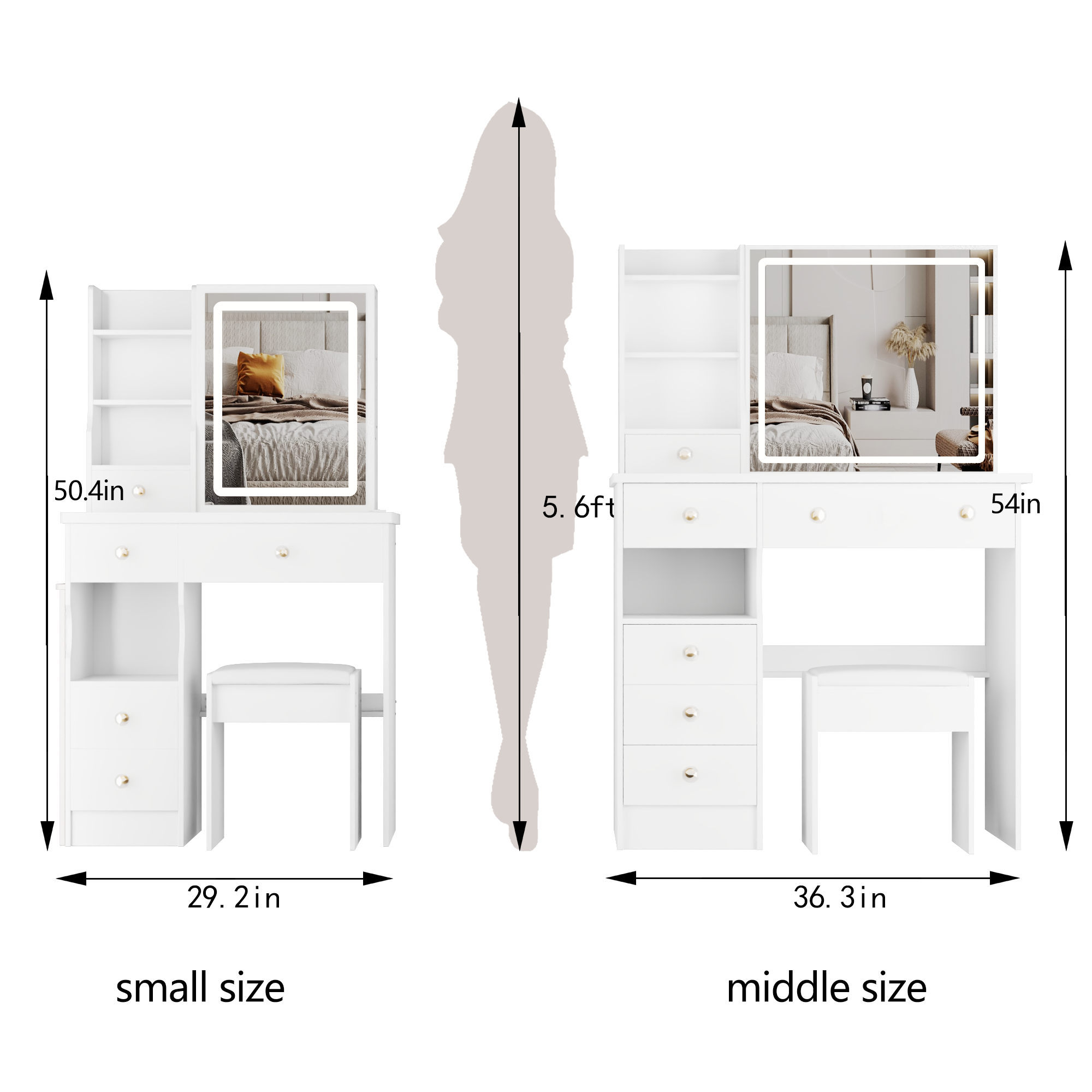 29.2' Small Size Left Drawer Desktop Vanity Table + Cushioned Stool, Large Sliding, Touch Control, Tri-color Switching, Brightness Adjust LED Mirror, High Capacity Storage, Suitable for Small Space - Grand Goldman Shop