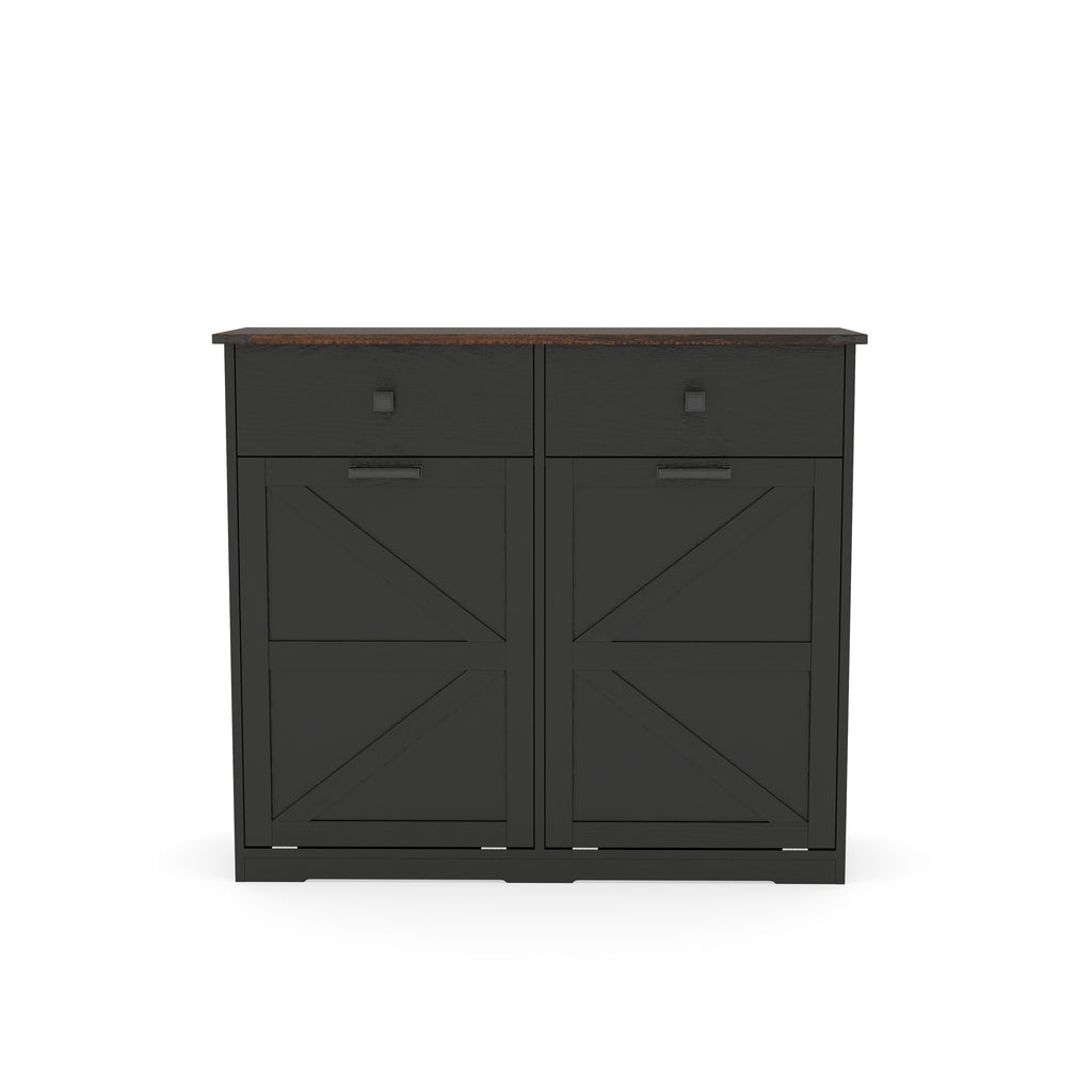 Farmhouse Black Double Tilt Out Trash Cabinet with Hideaway Drawer and Barn Door Style, Engineered Wood, 39.3''×13''×34.45'' - Grand Goldman Shop