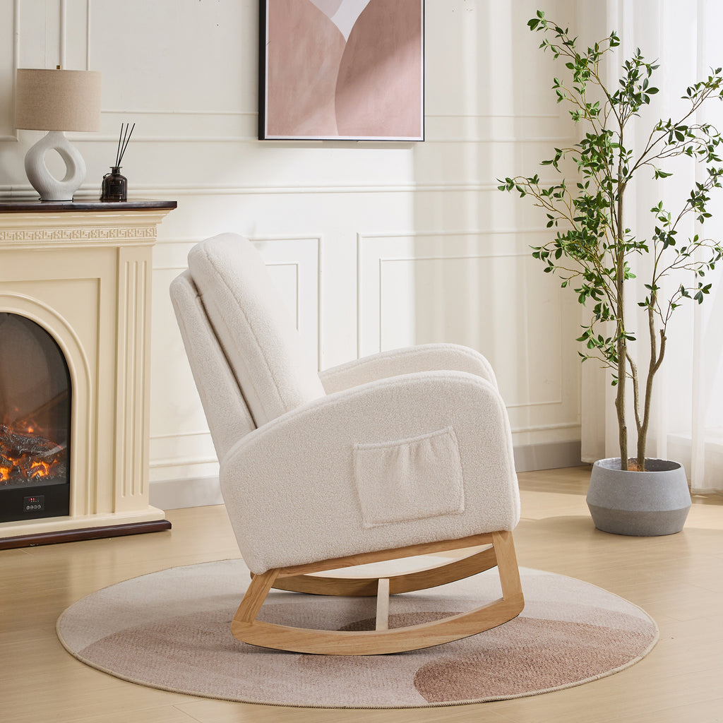 27.2'W Rocking Chair for Nursery, Sherpa Glider Chair with High Back and Side Pocket, Rocking Accent Armchair with Rubber Wood Legs for Living Room/Bedroom.Ivory - Grand Goldman Shop