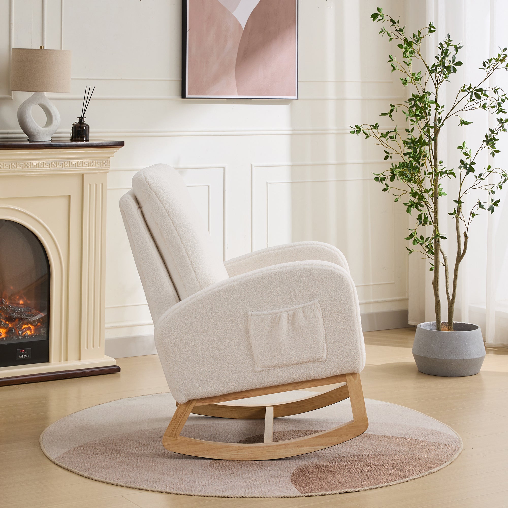 27.2'W Rocking Chair for Nursery, Sherpa Glider Chair with High Back and Side Pocket, Rocking Accent Armchair with Rubber Wood Legs for Living Room/Bedroom.Ivory - Grand Goldman Shop