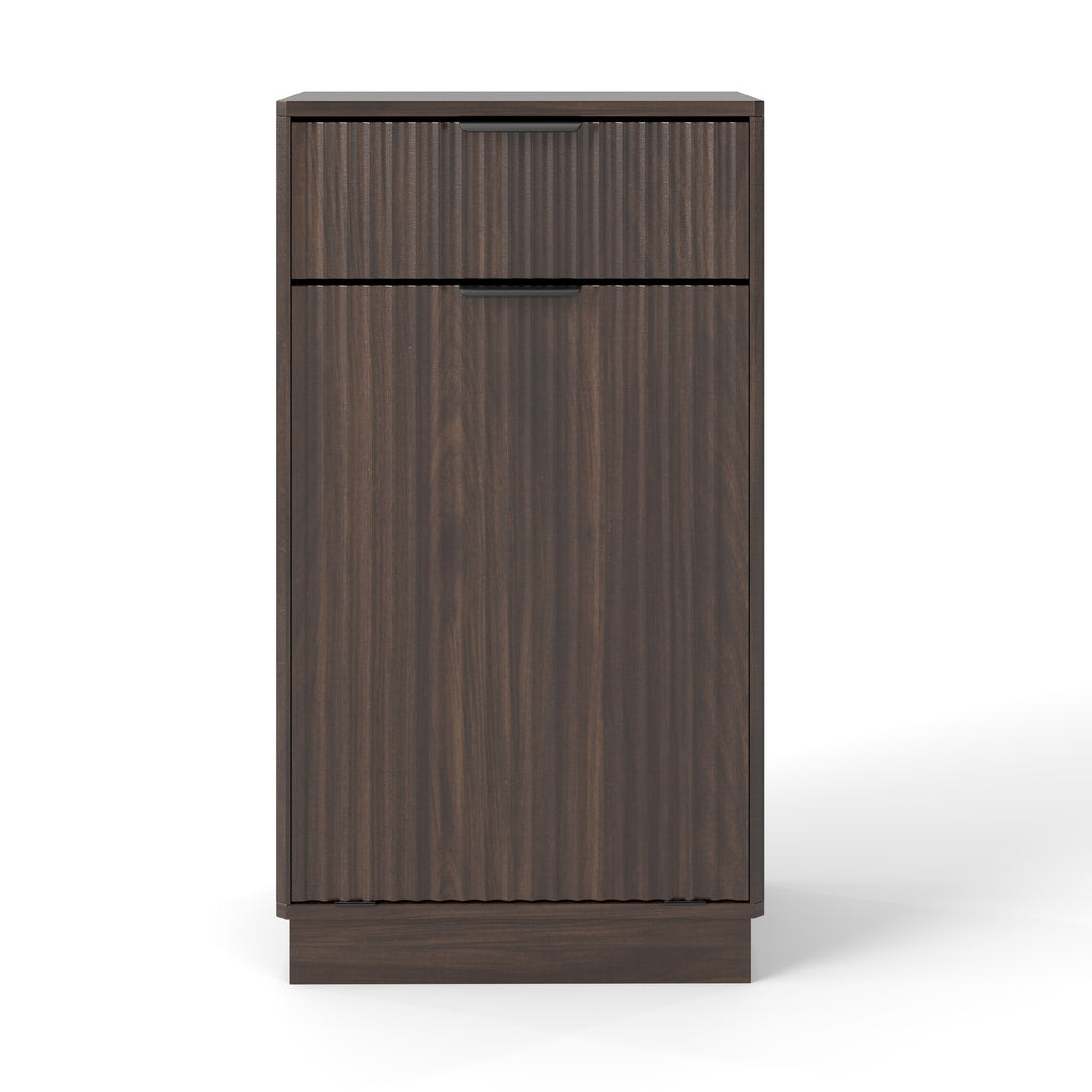 Woodgrain Tilt-Out Trash Can Cabinet with Wave-Textured Drawer & Pull-Out Bin in Walnut Finish - Grand Goldman Shop