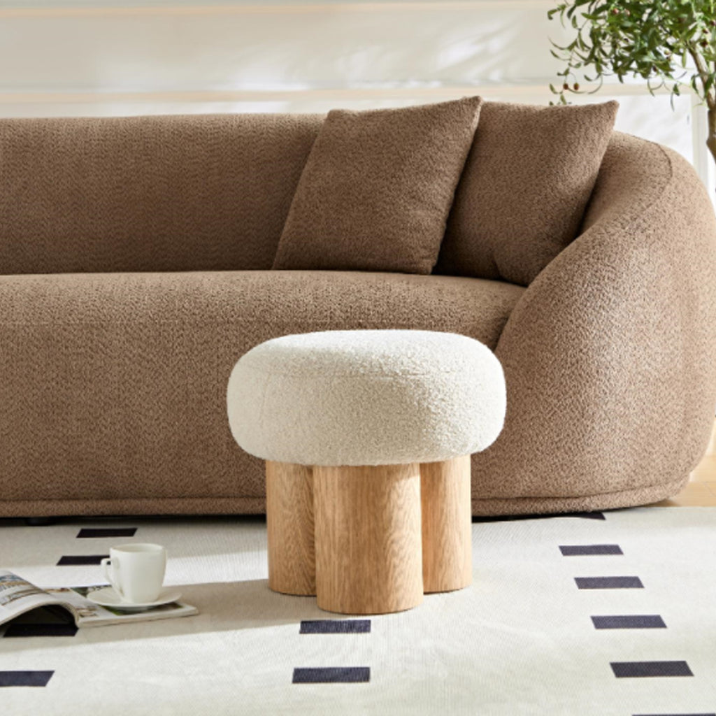 W8017-1 Mushroom Stool with Greige Plush Cushion, Wooden Barrel PVC Pipe, Walnut Finish - Grand Goldman Shop