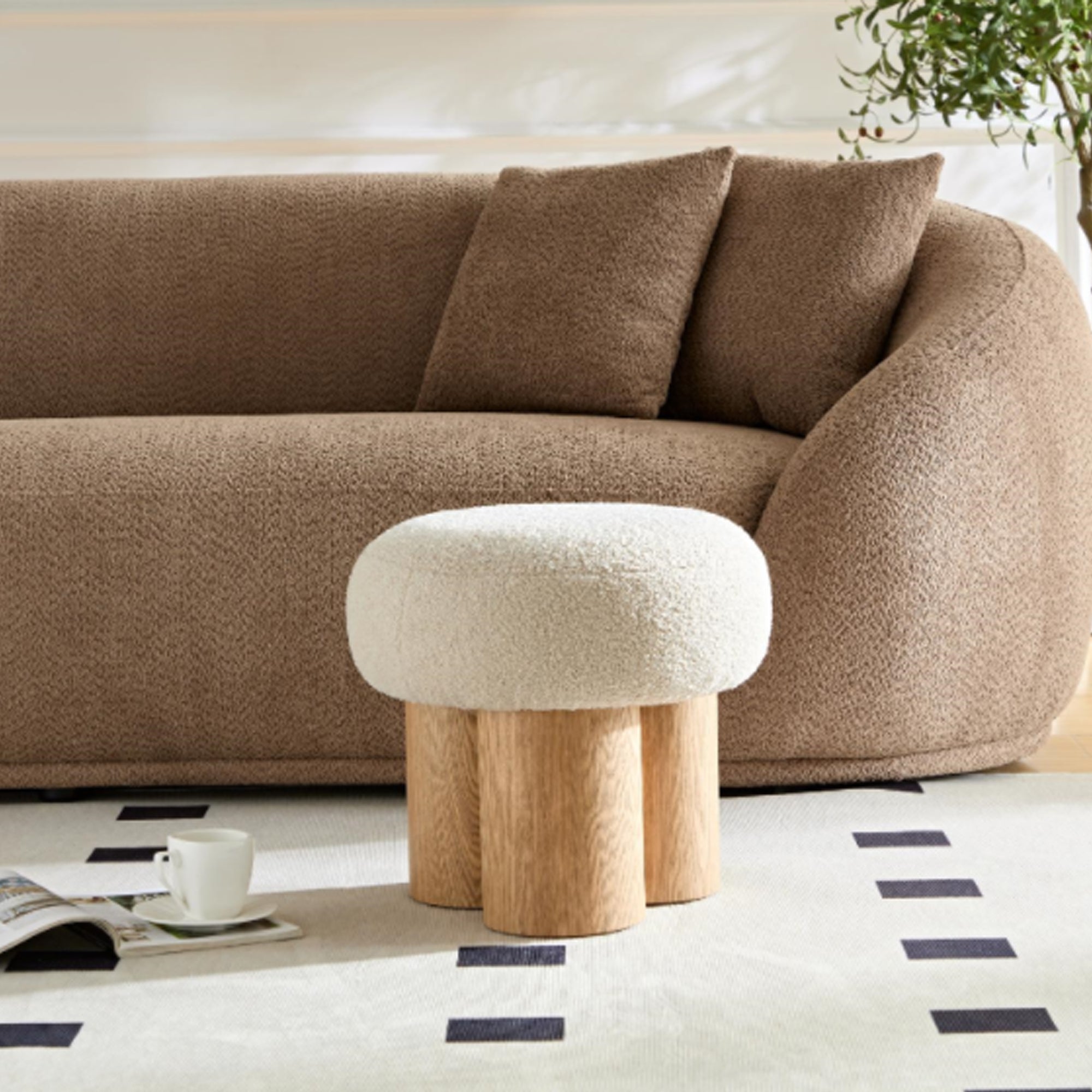 W8017-1 Mushroom Stool with Greige Plush Cushion, Wooden Barrel PVC Pipe, Walnut Finish - Grand Goldman Shop