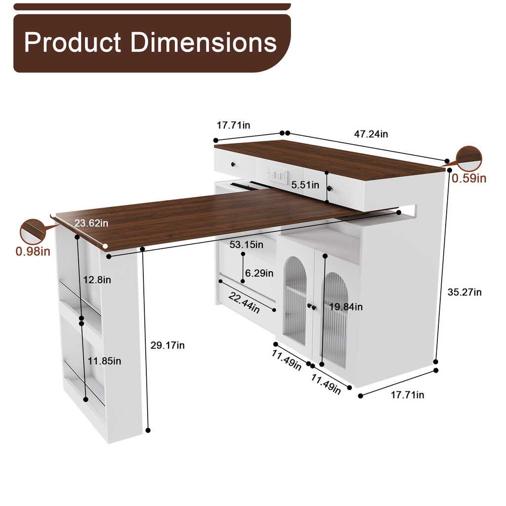Kitchen Island with Extendable & Rotating Table, MDF with Walnut Veneer Retro Design, 4 Drawers & Glass Door Cabinets with Built-in Socket, Expandable Dining Station for 2-4 Person - Grand Goldman Shop