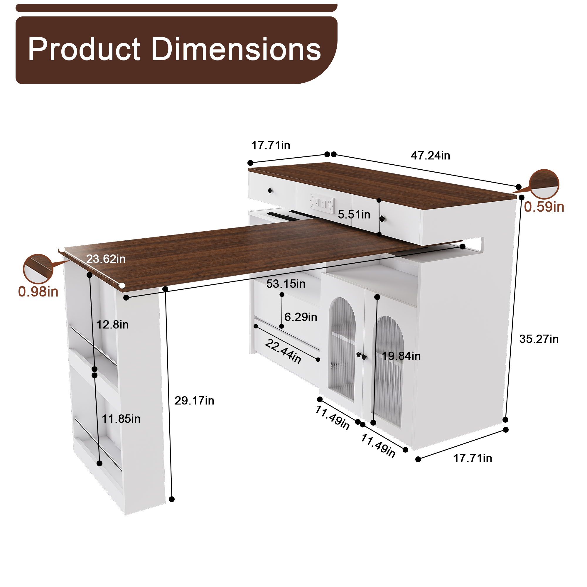 Kitchen Island with Extendable & Rotating Table, MDF with Walnut Veneer Retro Design, 4 Drawers & Glass Door Cabinets with Built-in Socket, Expandable Dining Station for 2-4 Person - Grand Goldman Shop