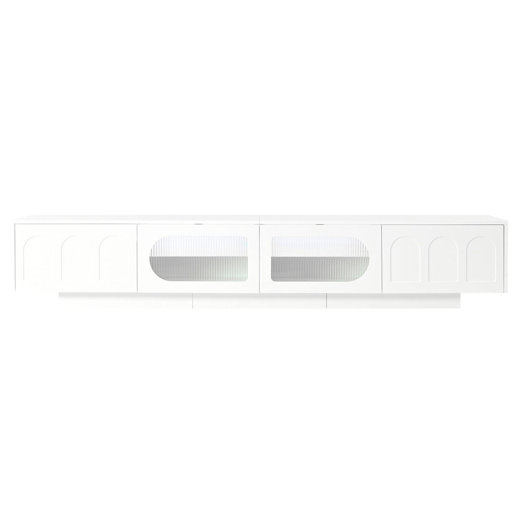 ON-TREND TV Stand with Fluted tempered Glass Doors for TVs Up to 95'', Functional Media Console with Arched Cabinet Doors, Entertainment Center with APP-Controlled LED Light for Living Room, White - Grand Goldman Shop
