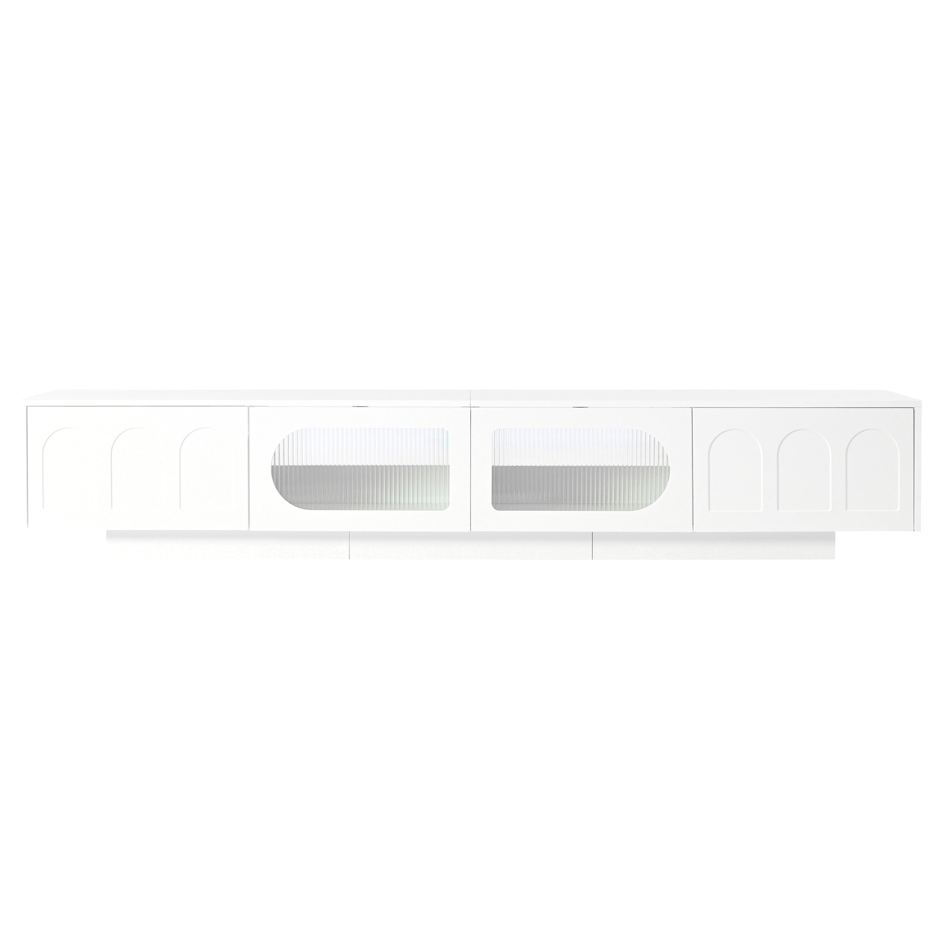 ON-TREND TV Stand with Fluted tempered Glass Doors for TVs Up to 95'', Functional Media Console with Arched Cabinet Doors, Entertainment Center with APP-Controlled LED Light for Living Room, White - Grand Goldman Shop
