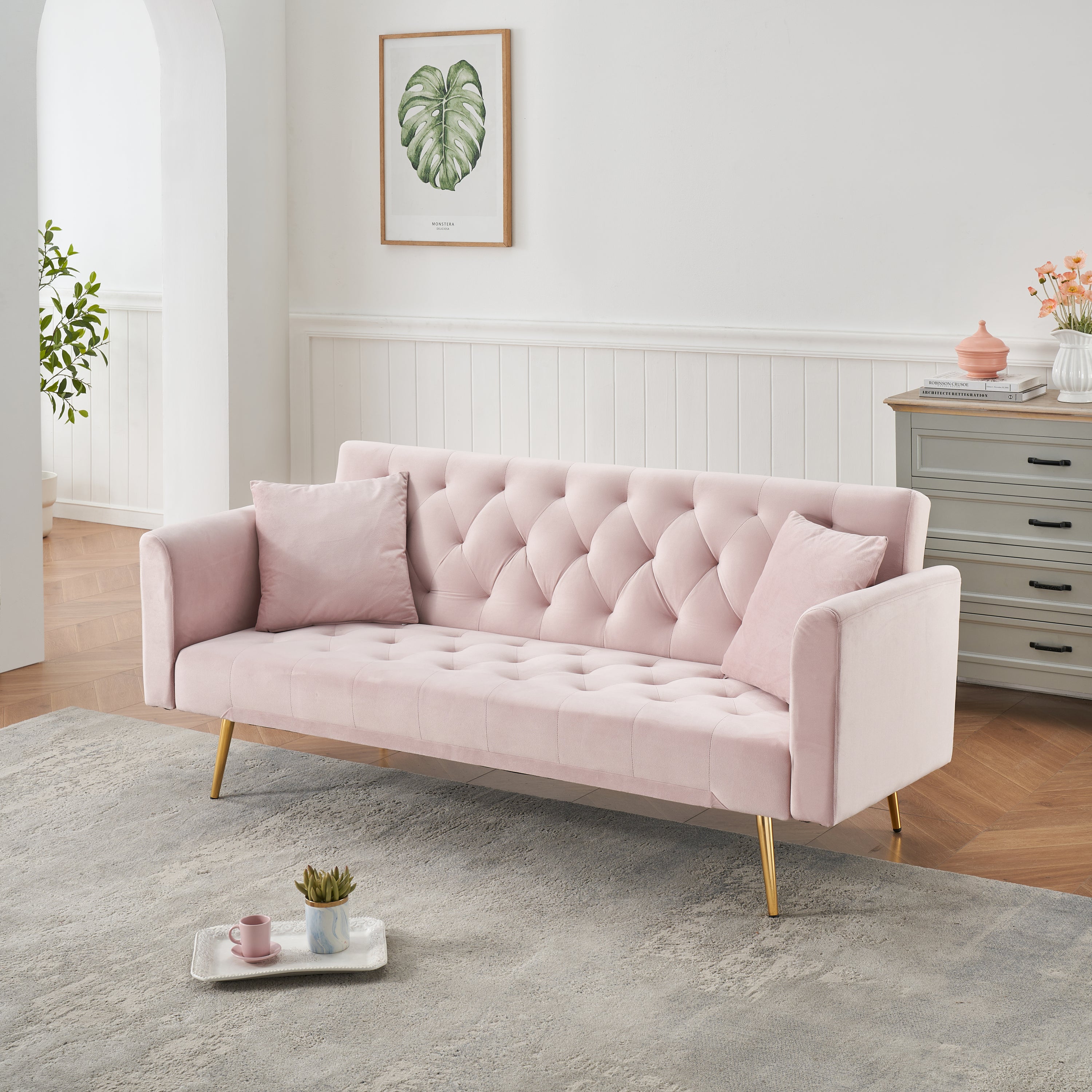 71 inch convertible love seat sofa, American retro pink velvet, suitable for small living room, bedroom, office - Grand Goldman Shop