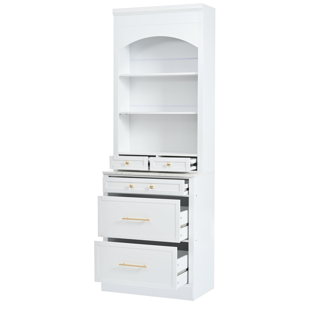 [Assembly Video Provided] TOPMAX Modern 83.7inch High Kitchen Pantry, Freestanding Tall Kitchen Hutch with Faux Marble Top,Cupboard Cabinet with 5 Storage Drawers and Adjustable Shelf, Set of 2, White - Grand Goldman Shop