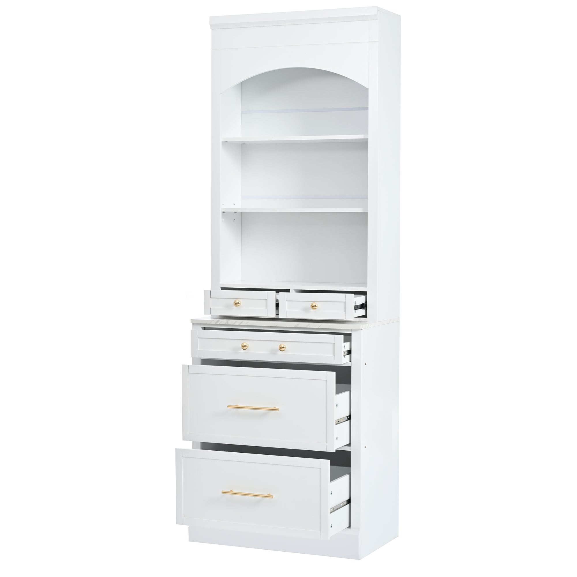 [Assembly Video Provided] TOPMAX Modern 83.7inch High Kitchen Pantry, Freestanding Tall Kitchen Hutch with Faux Marble Top,Cupboard Cabinet with 5 Storage Drawers and Adjustable Shelf, Set of 2, White - Grand Goldman Shop