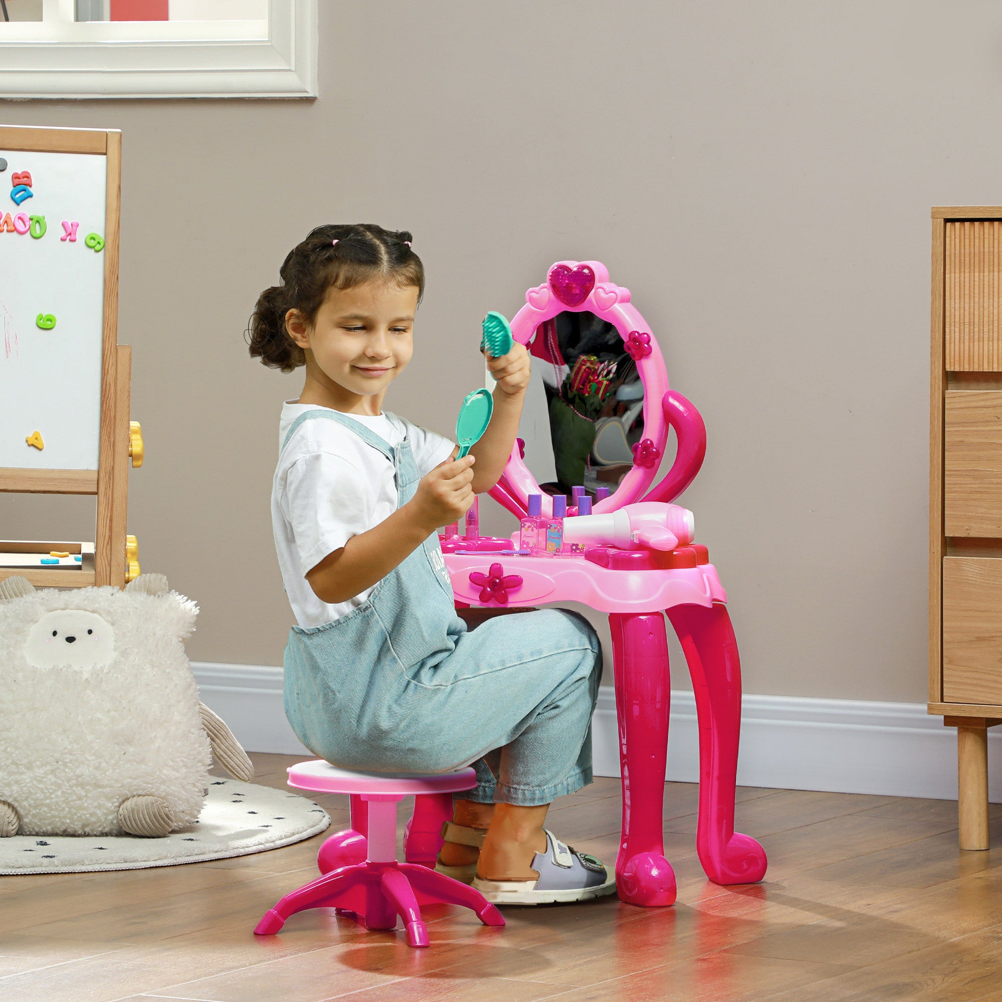Qaba Kids Vanity Set with Mirror and Stool, Girls Makeup Table with Light and Sound, 15 Accessories, Pretend Play Set with Ha