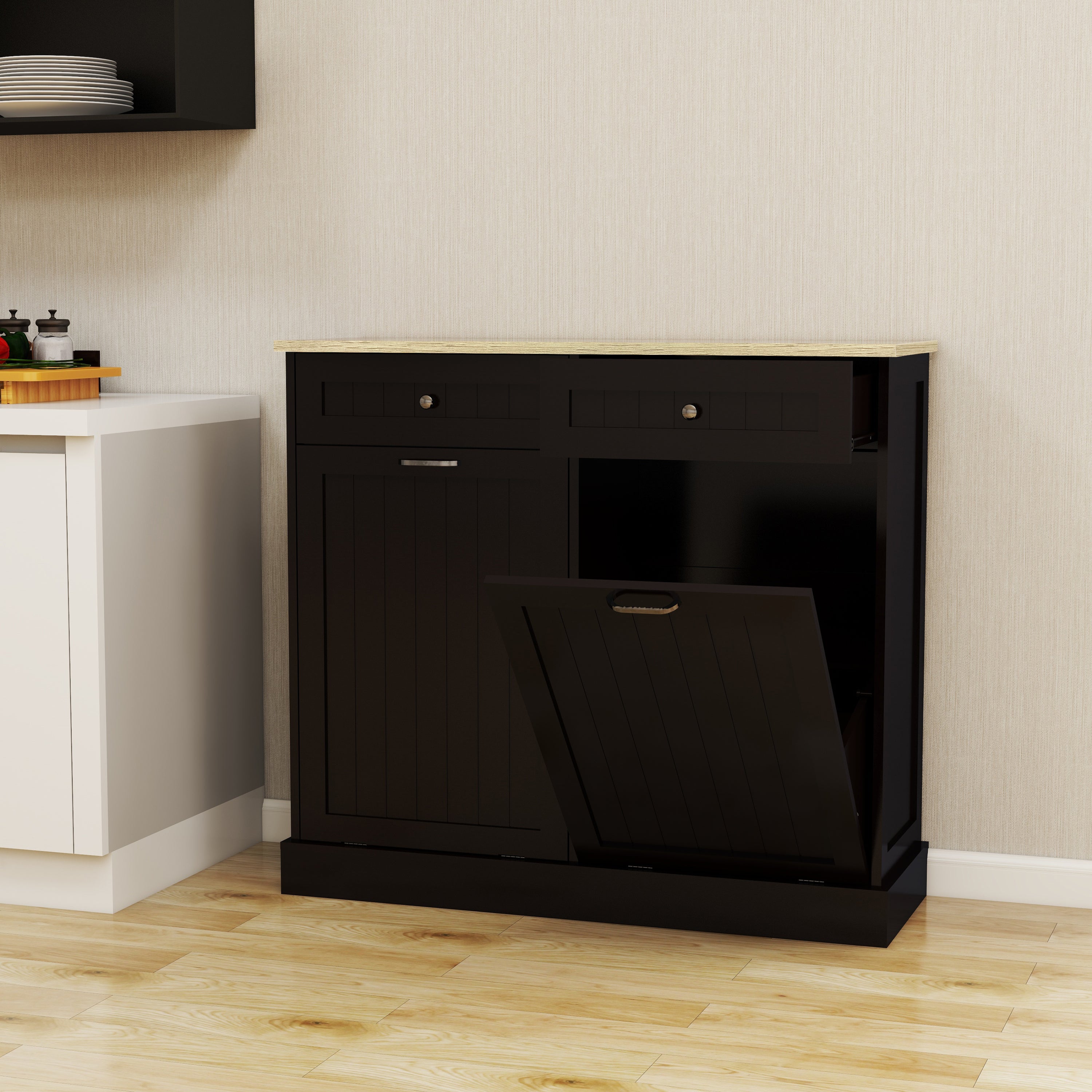 Two Drawers and Two-Compartment Tilt-Out Trash Cabinet Kitchen Trash Cabinet-Black - Grand Goldman Shop