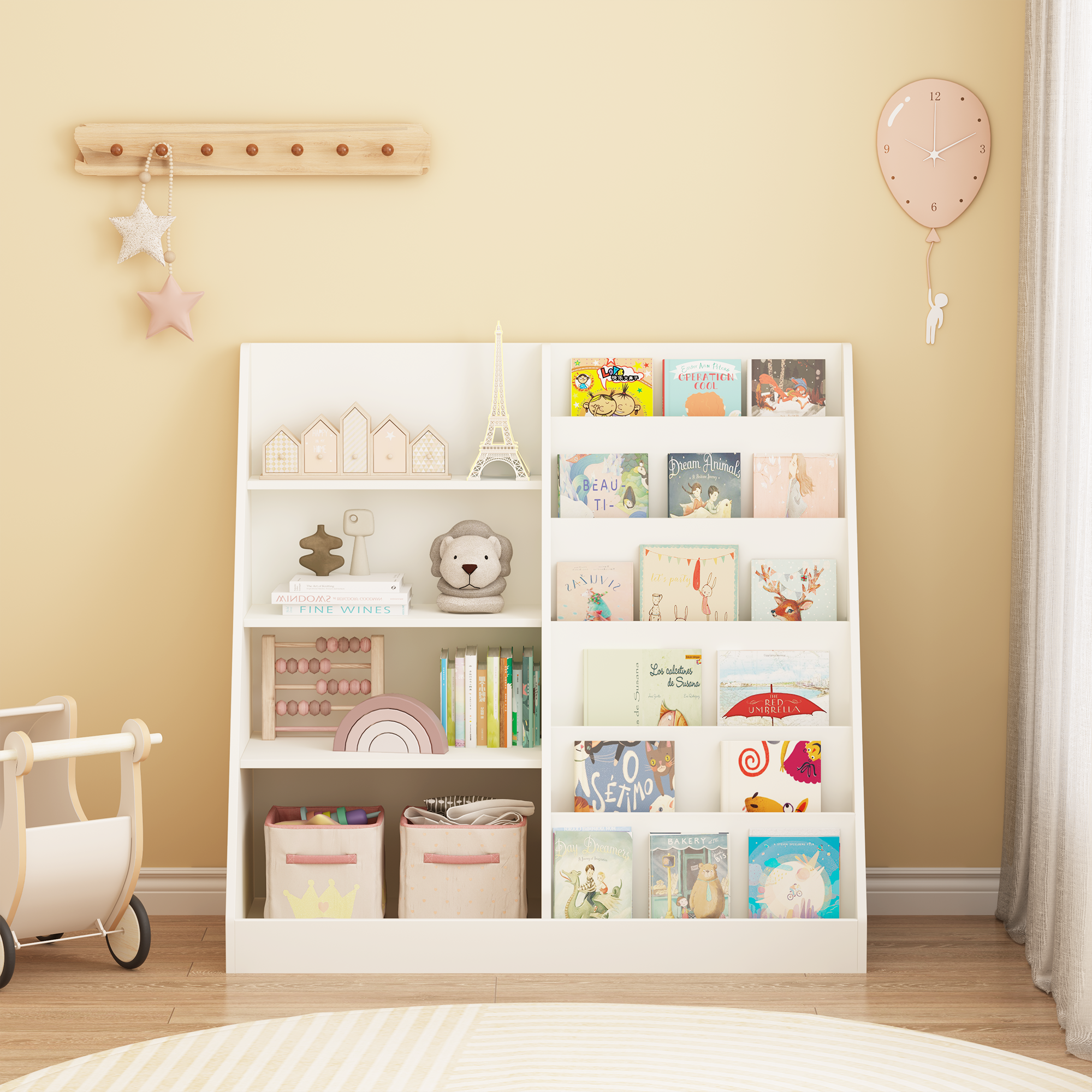 Kids Bookshelf and Toy Storage Organizer, Multifunctional 4-Tier White Wooden Bookcase with Toy Bin for Nursery, Playroom, or