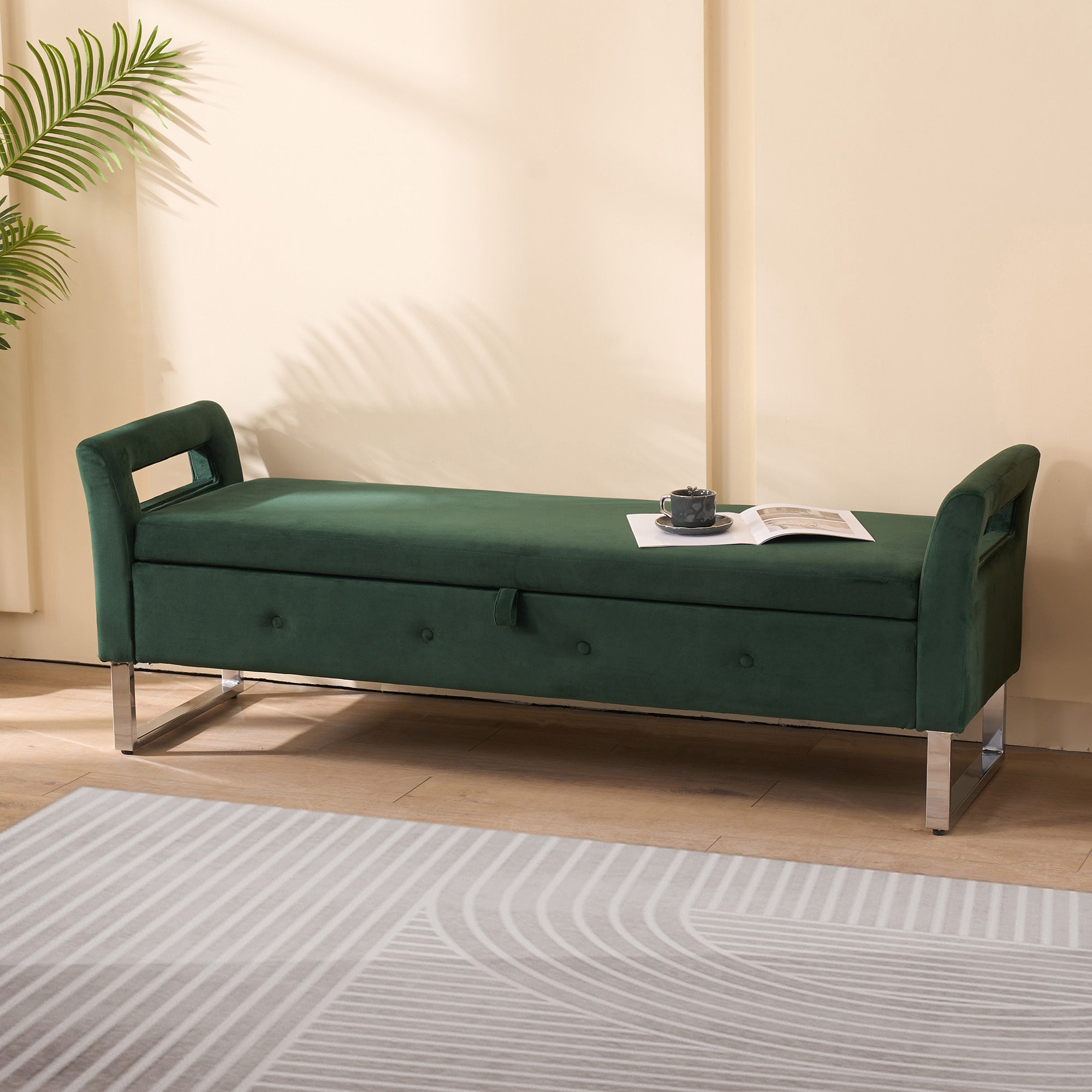 67.91' Wide Storage Soft Ottoman Bench with Armrests,Footrest Bed End Stool for Living Room, Dorm, Entryway and Bedroom, Green - Grand Goldman Shop