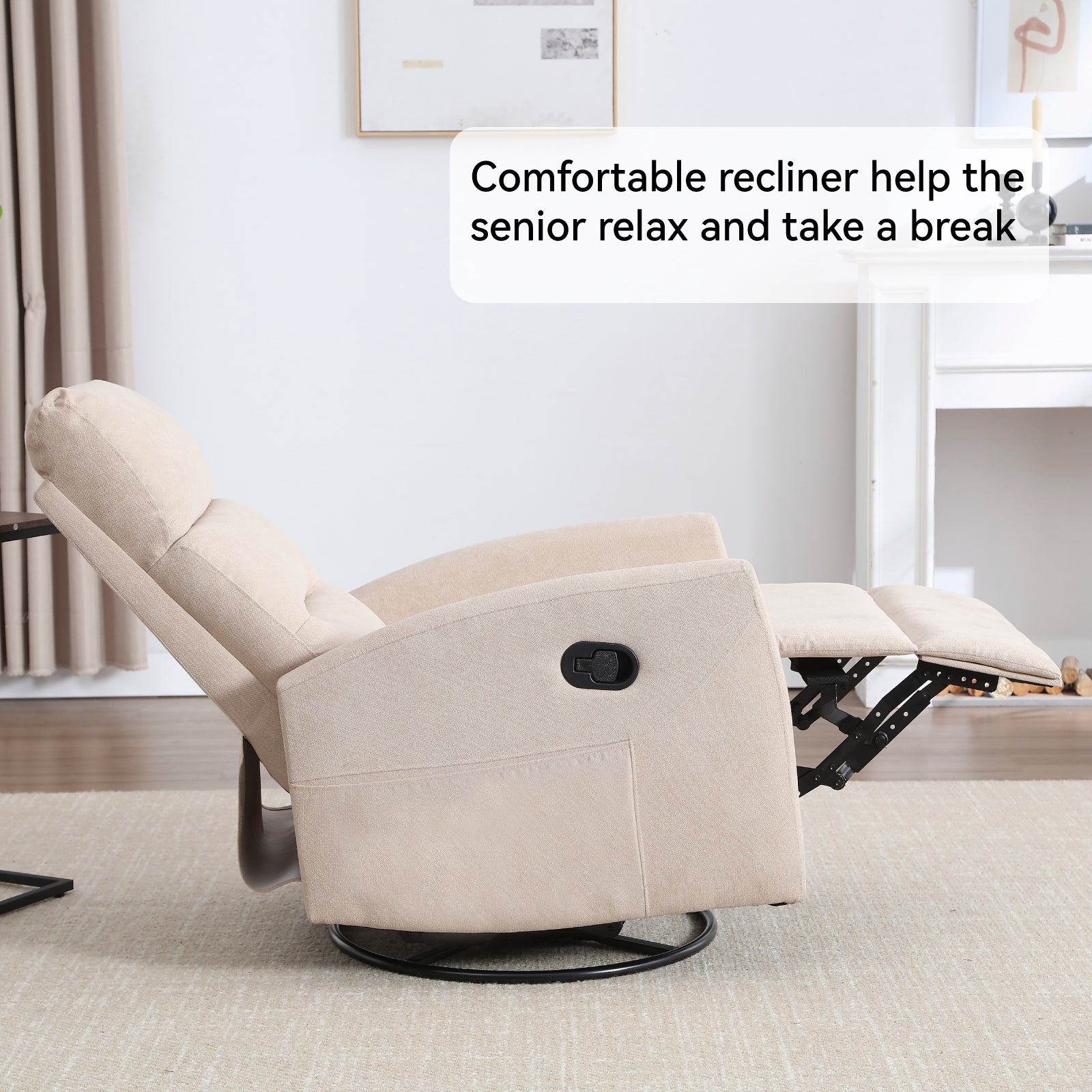 Manual Recliner Chair with Rocker and Swivel in Fabric for Living Room, Beige - Grand Goldman Shop