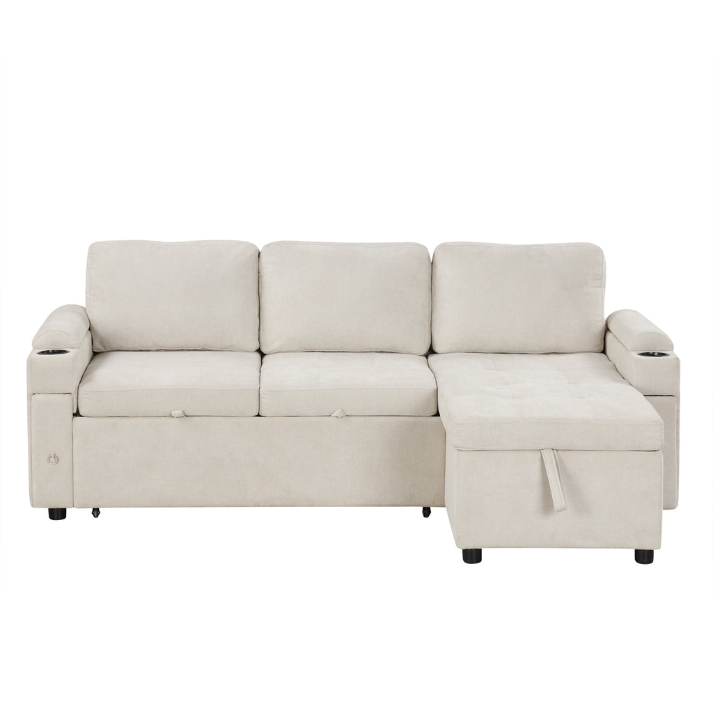 Convertible L-shaped Beige Sofa Couch with Storage, Cup Holders, USB Ports, Chenille Fabric - Grand Goldman Shop