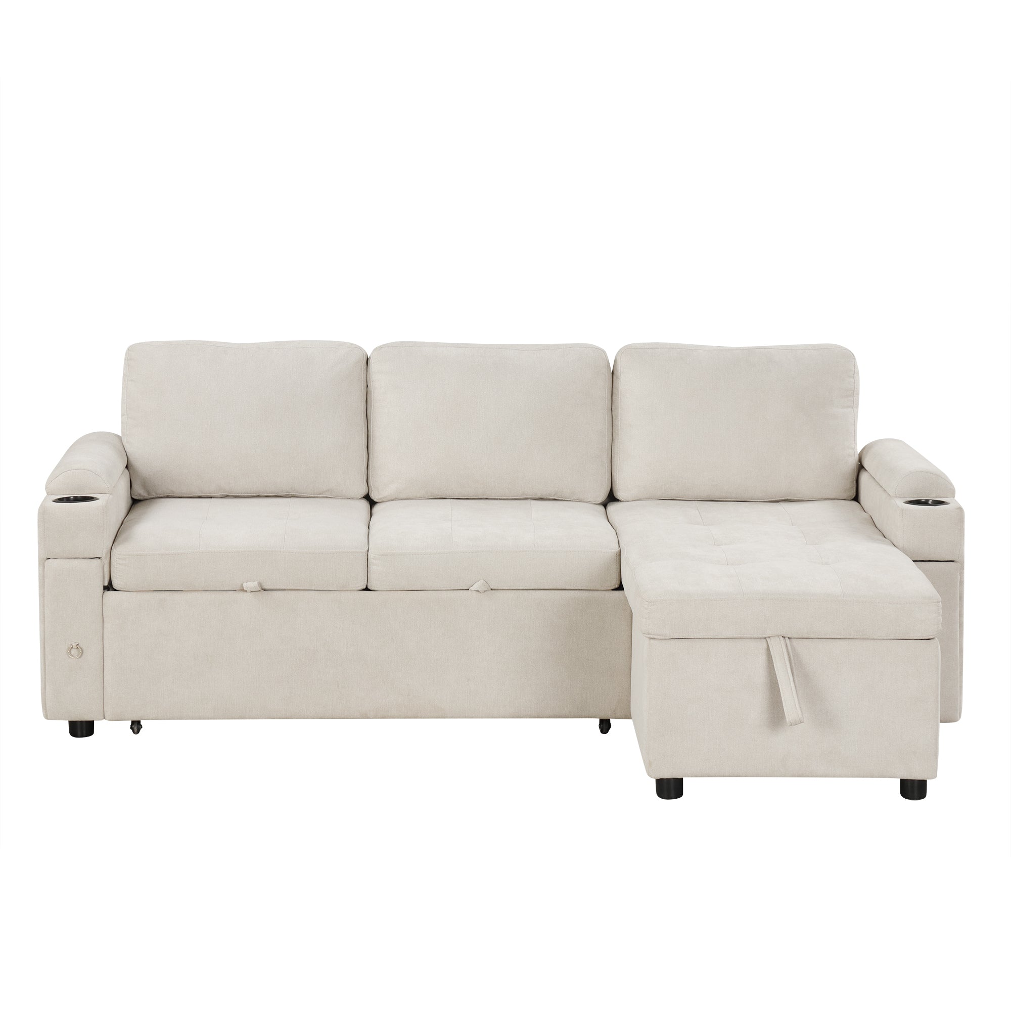 Convertible L-shaped Beige Sofa Couch with Storage, Cup Holders, USB Ports, Chenille Fabric - Grand Goldman Shop