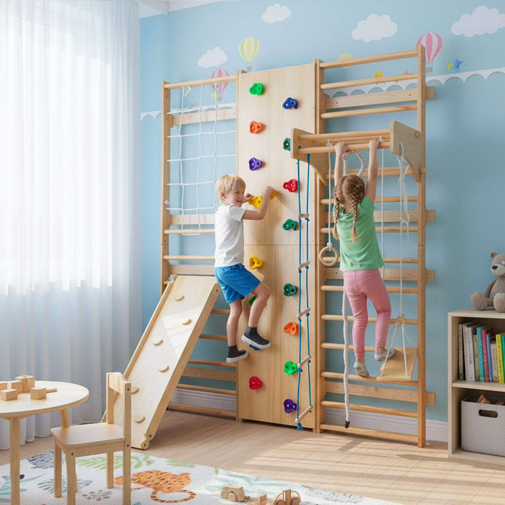 All-in-One 10-in-1 Indoor Climbing Set - Featuring a Rock Climbing Wall, Wooden Swings, Gymnastic Rings, Rope Ladders, and St