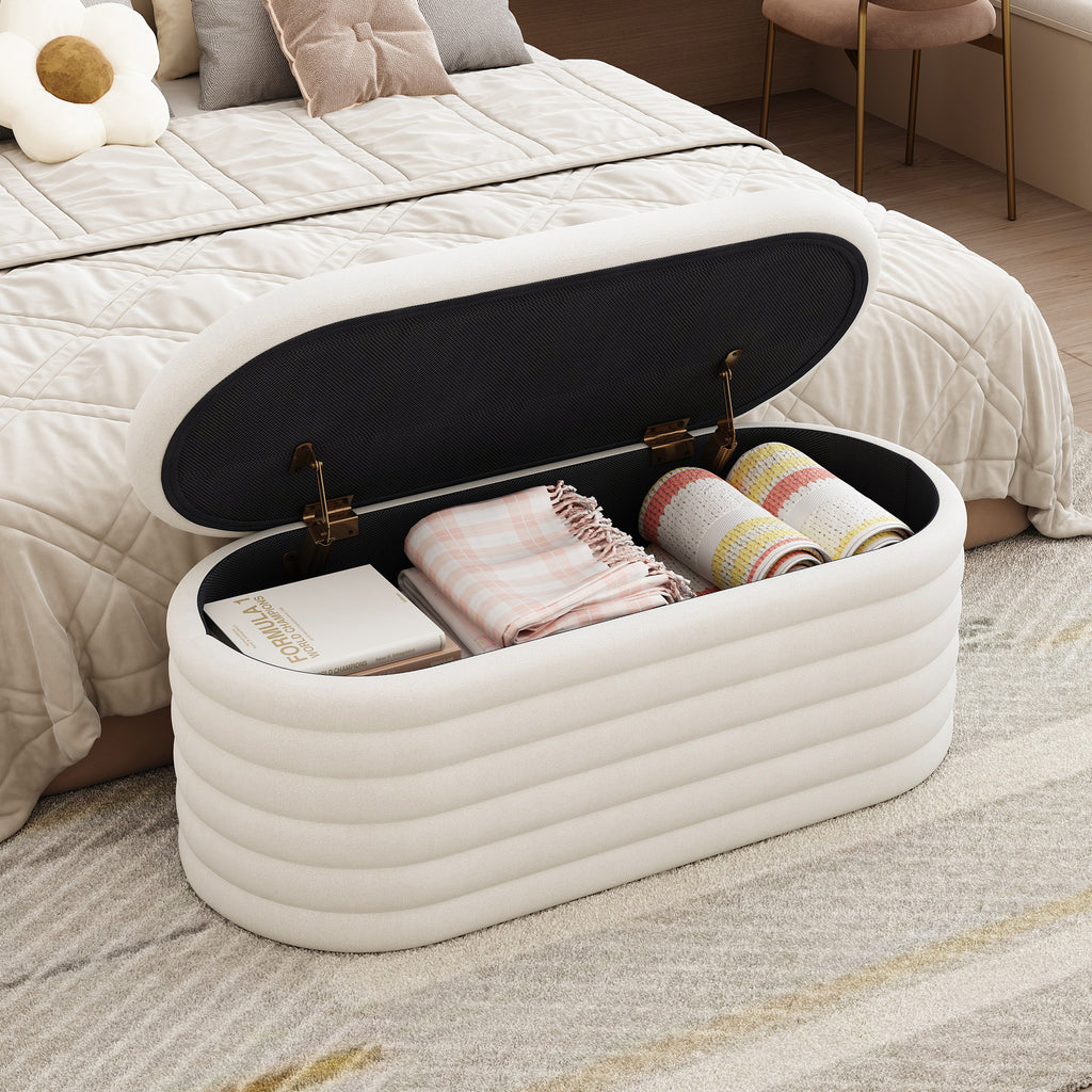 Storage Chenille Ottoman Bench Upholstered Fabric Storage Bench End of Bed Stool with Safety Hinge for Bedroom, Living Room, Entryway, Closet(40-inch, White) - Grand Goldman Shop