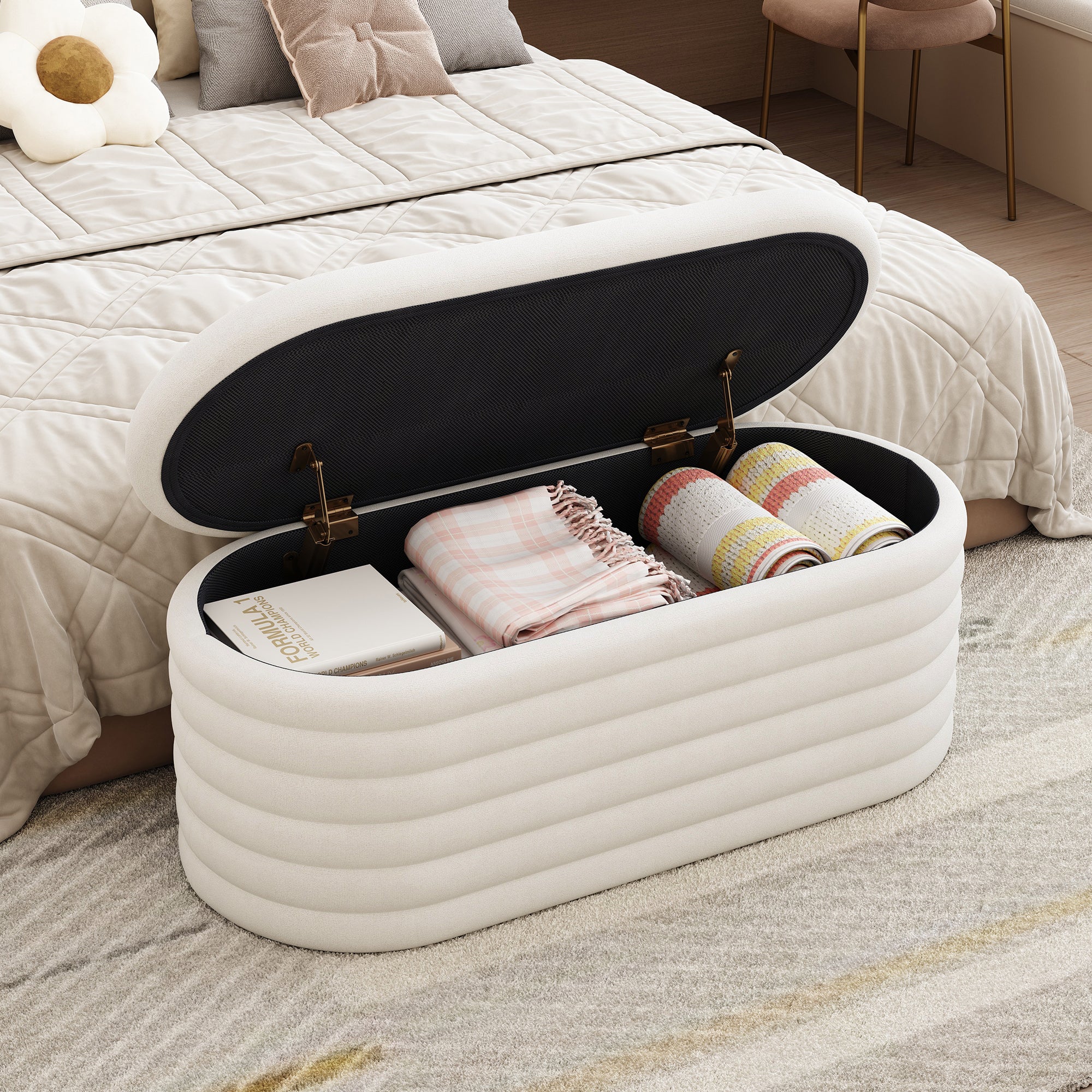 Storage Chenille Ottoman Bench Upholstered Fabric Storage Bench End of Bed Stool with Safety Hinge for Bedroom, Living Room, Entryway, Closet(40-inch, White) - Grand Goldman Shop