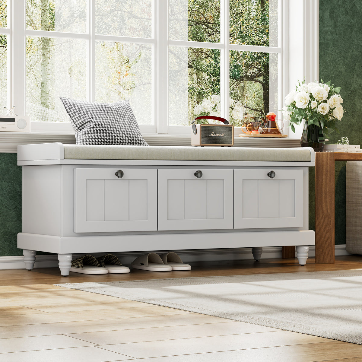 TREXM Classic Shoe Bench with Cushion and Three Drawers, Fluted Entryway Bench with Storage for Living Room, Entryway, and Hallways (Light Gray, OLD SKU: N715P207812E ) - Grand Goldman Shop