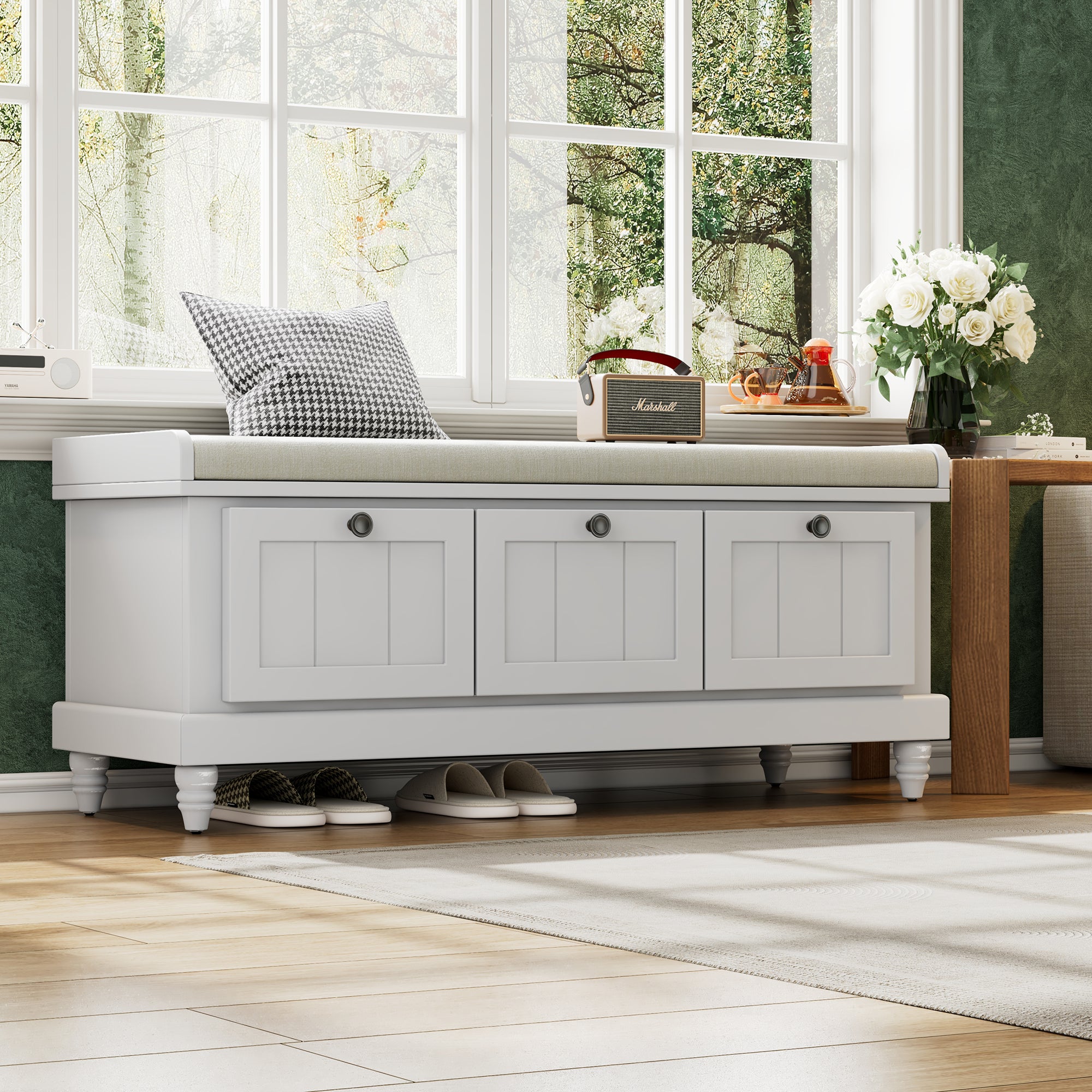 TREXM Classic Shoe Bench with Cushion and Three Drawers, Fluted Entryway Bench with Storage for Living Room, Entryway, and Hallways (Light Gray, OLD SKU: N715P207812E ) - Grand Goldman Shop