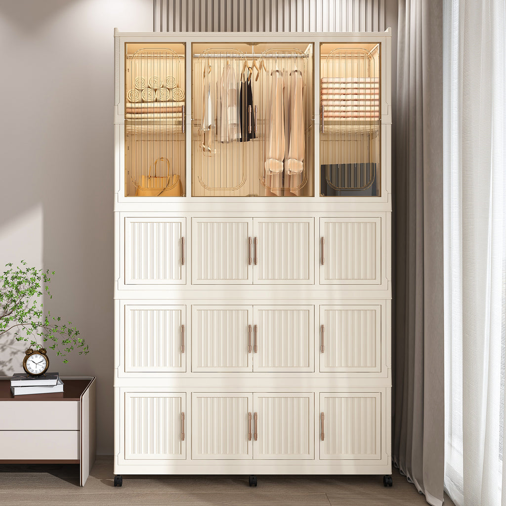 Portable Wardrobe Closet Storage Organizer with 17 Magnetic Doors, 17 Cubes, Hanging Rod & 6 Hangers, Creamy White Polypropylene Closet for Clothes, Baby Items, and Household Storage - Grand Goldman Shop