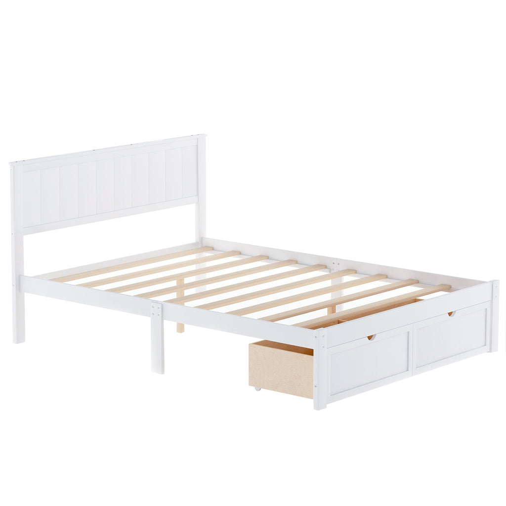 White Full Size Platform Bed with Under-bed Drawers, Solid Pine Wood and MDF, 78.3''L x 58.5''W x 36.2''H - Grand Goldman Shop