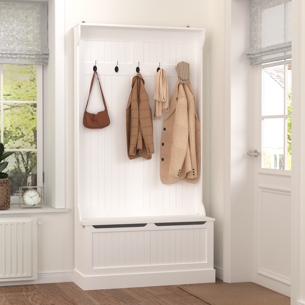 Entryway Bench with Standing Coat Rack, Hall Tree with Shoe Storage Bench, Entryway Organizer with 5 Hooks, White - Grand Goldman Shop