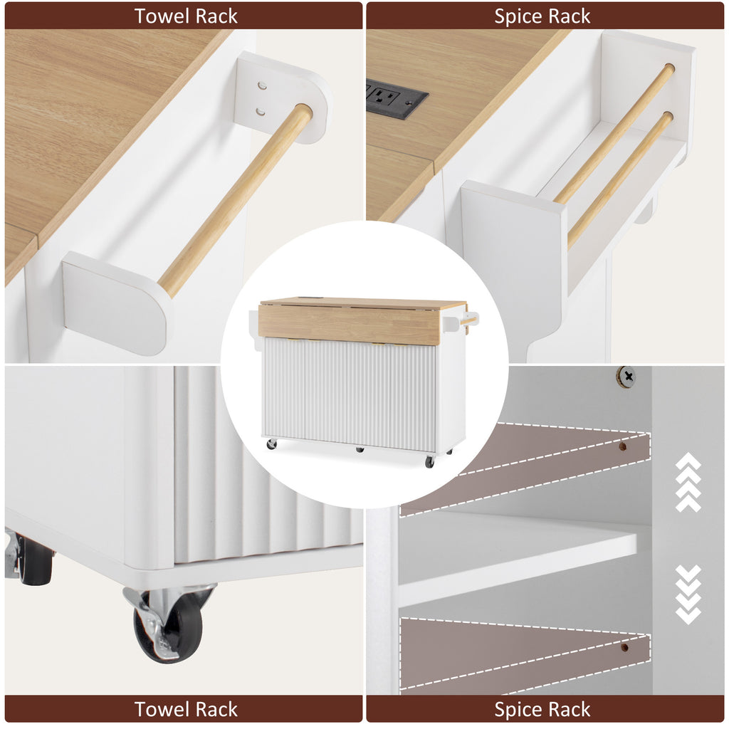 K&K 55.5' Fluted Kitchen Island with 2 Drop Leaf, Kitchen Storage Cart with Power Outlet, 4 Doors, Spice rack, Rolling Island Table with Wood-grain Top, Curved Edge for Kitchen, Dining Room,White - Grand Goldman Shop