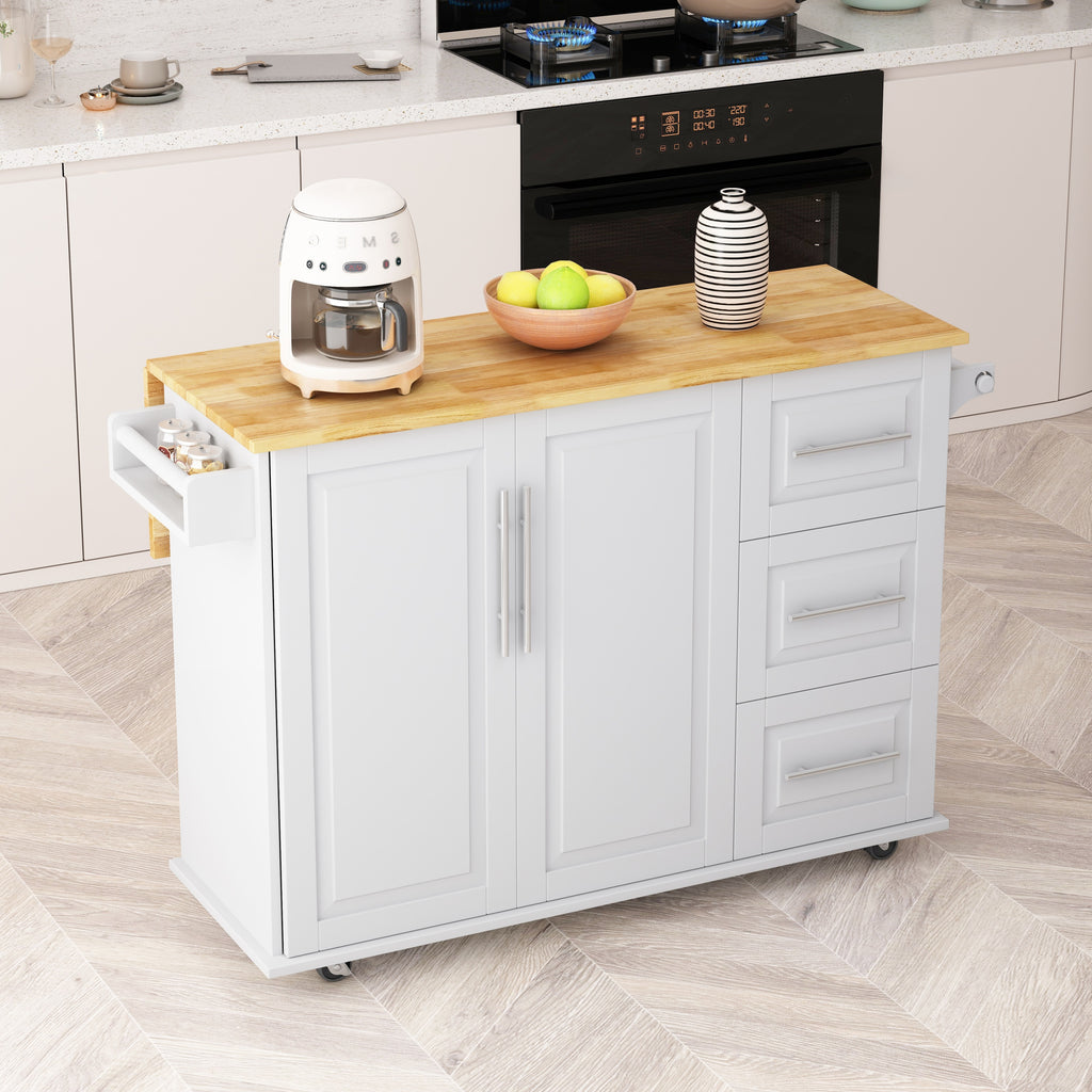 White Kitchen Island Cart with 2 Door Cabinet, 3 Drawers, Spice Rack & Towel Rack, Solid Wood Top, 43.31 Inch Width - Grand Goldman Shop