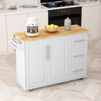 White Kitchen Island Cart with 2 Door Cabinet, 3 Drawers, Spice Rack & Towel Rack, Solid Wood Top, 43.31 Inch Width - Grand Goldman Shop