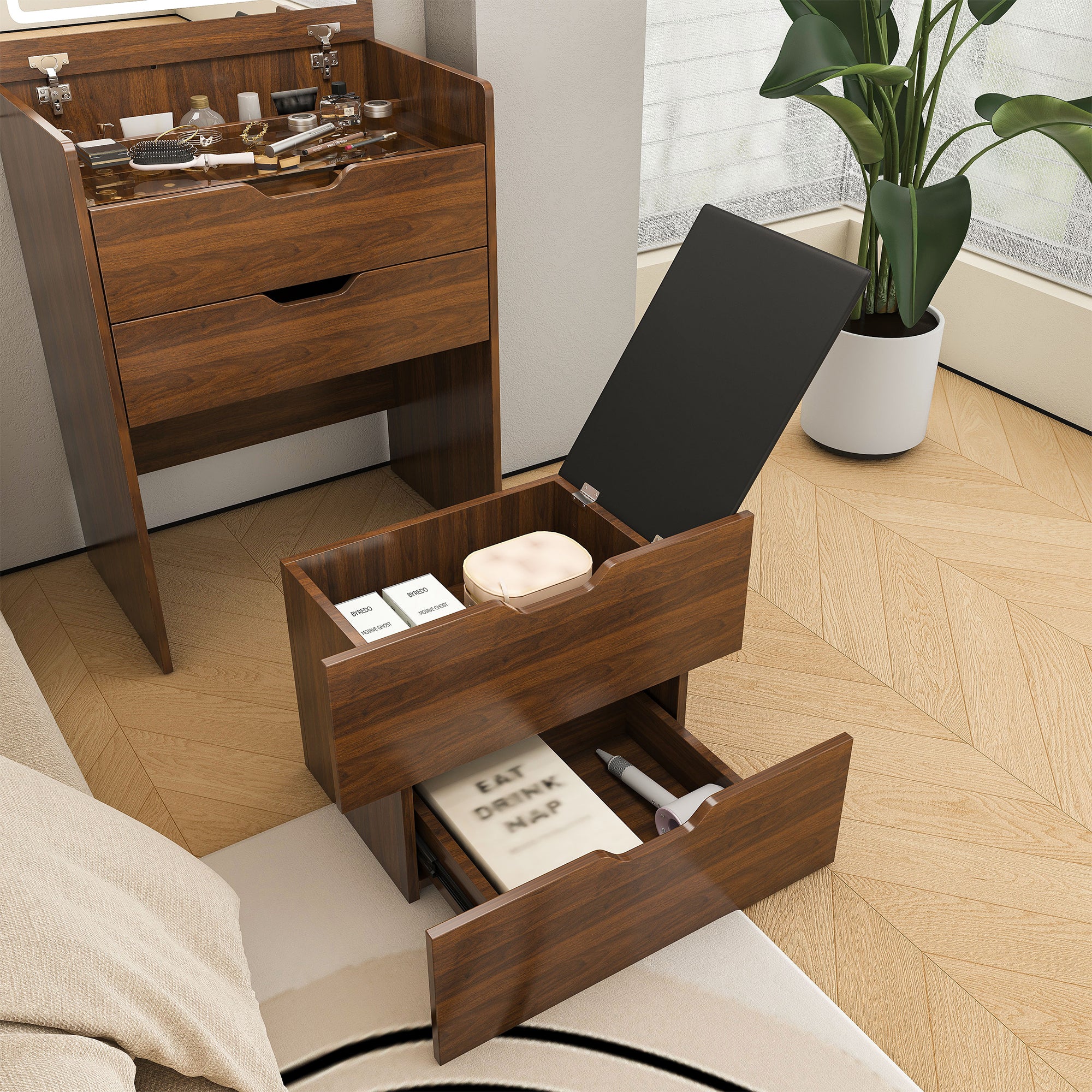 3-in-1 Vanity Desk with Lighted Mirror & Stool, Flip Top Makeup Dressing Table in Walnut Finish, Compact Storage for Bedroom, Bathroom, Dressing Room, 23.62'L - Grand Goldman Shop