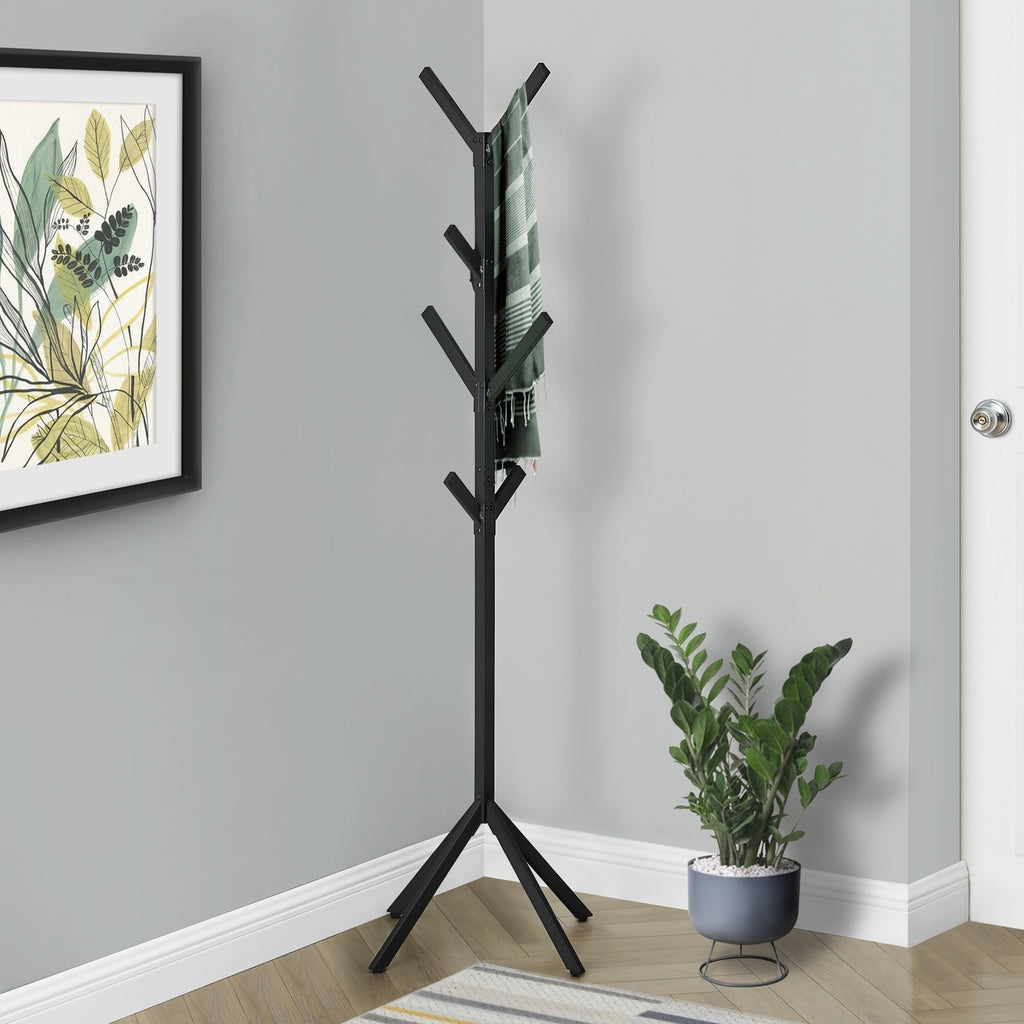 Contemporary Black Metal Coat Rack with 8 Hooks, Free Standing Entryway Storage, 70'H, Modern Hall Tree for Bedroom or Office - Grand Goldman Shop