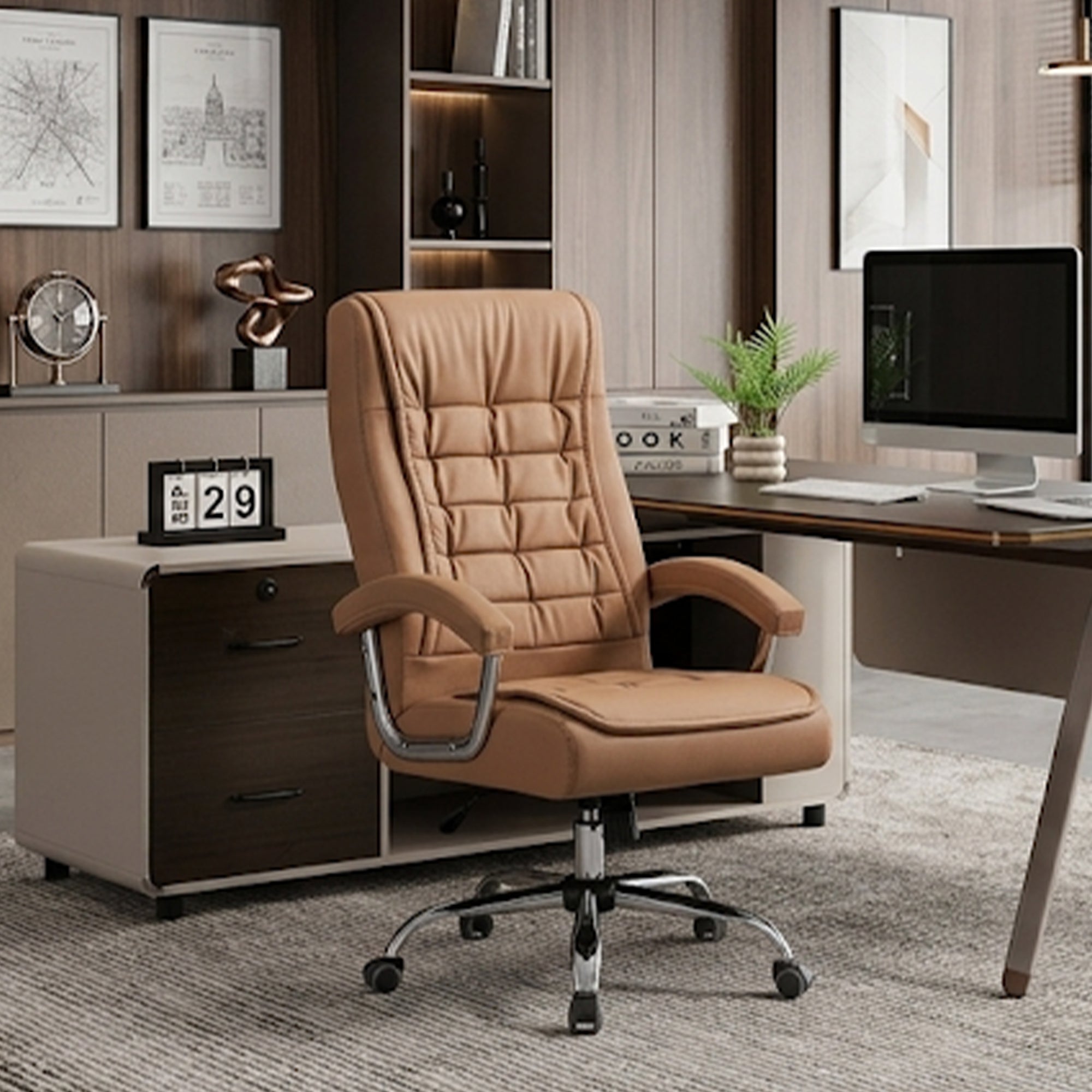 Executive Office Chair High Back PU Leather Desk Chair with Spring Seat Cushion, Ergonomic Swivel Computer Chair with Chrome 
