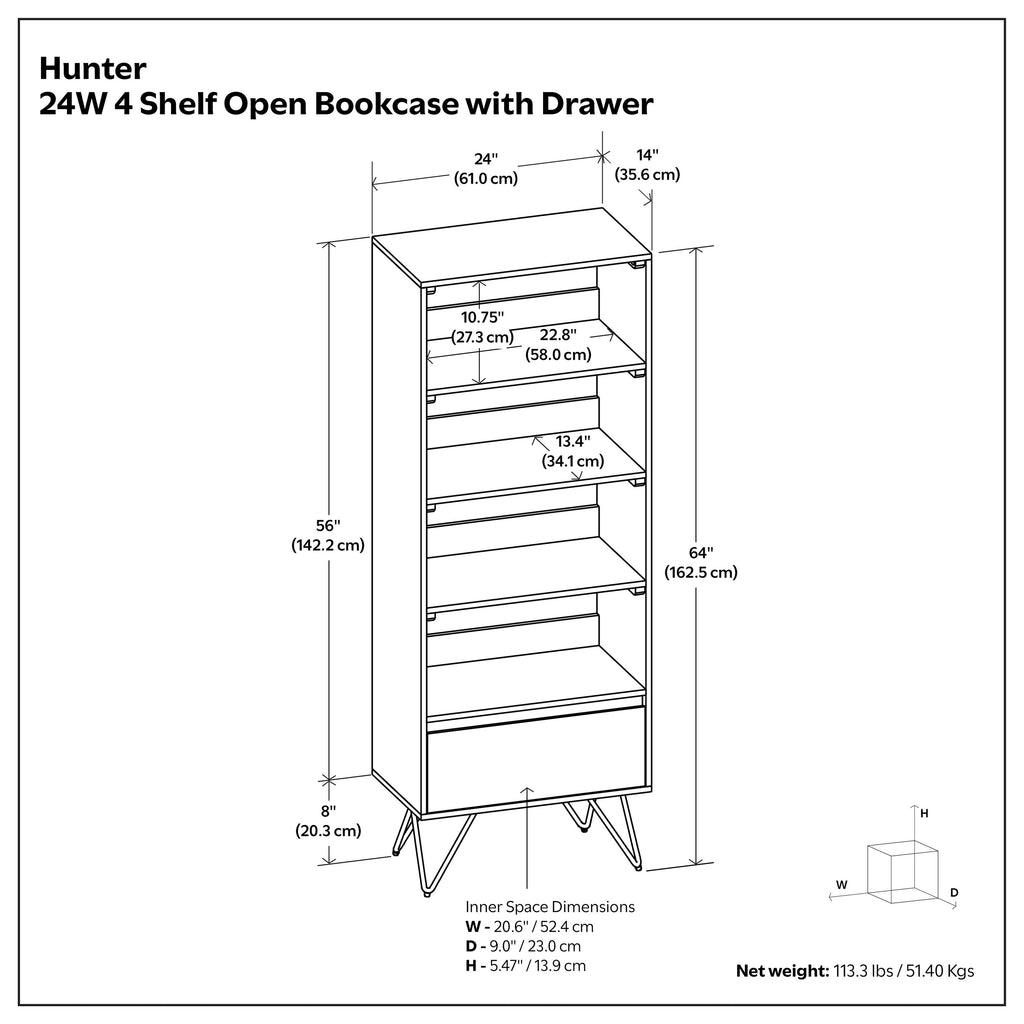 Hunter Tall Bookcase in Natural Finish with Black Metal Legs, Solid Mango Wood, 14D x 24W x 64H inches | Premium Home Decor -
