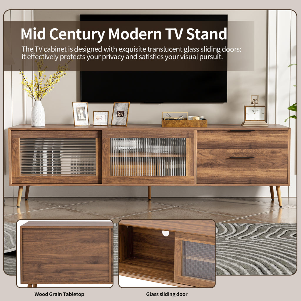 Modern Walnut TV Stand for 75+ TV, 70' Media Console with 2 Glass Doors, 2 Drawers & Storage Cabinet, MDF and Solid Wood Construction - Grand Goldman Shop