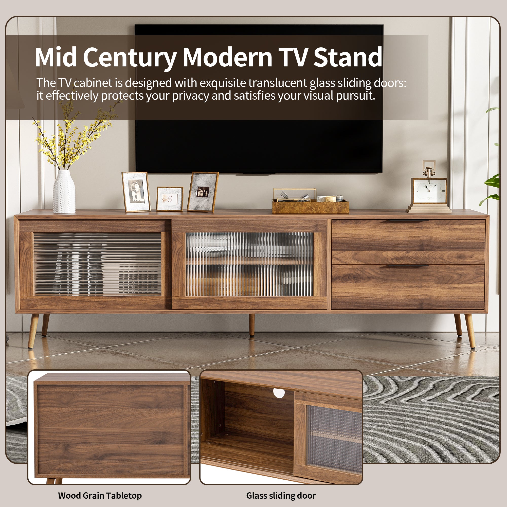 Modern Walnut TV Stand for 75+ TV, 70' Media Console with 2 Glass Doors, 2 Drawers & Storage Cabinet, MDF and Solid Wood Construction - Grand Goldman Shop