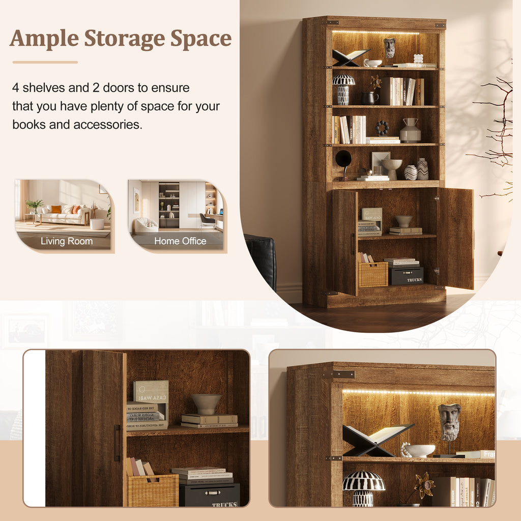83.4'Tall Modern Bookshelf with Doors, Farmhouse Bookcase with 3-Tier Adjustable Shelves, Display Shelves with LED Light,Larg