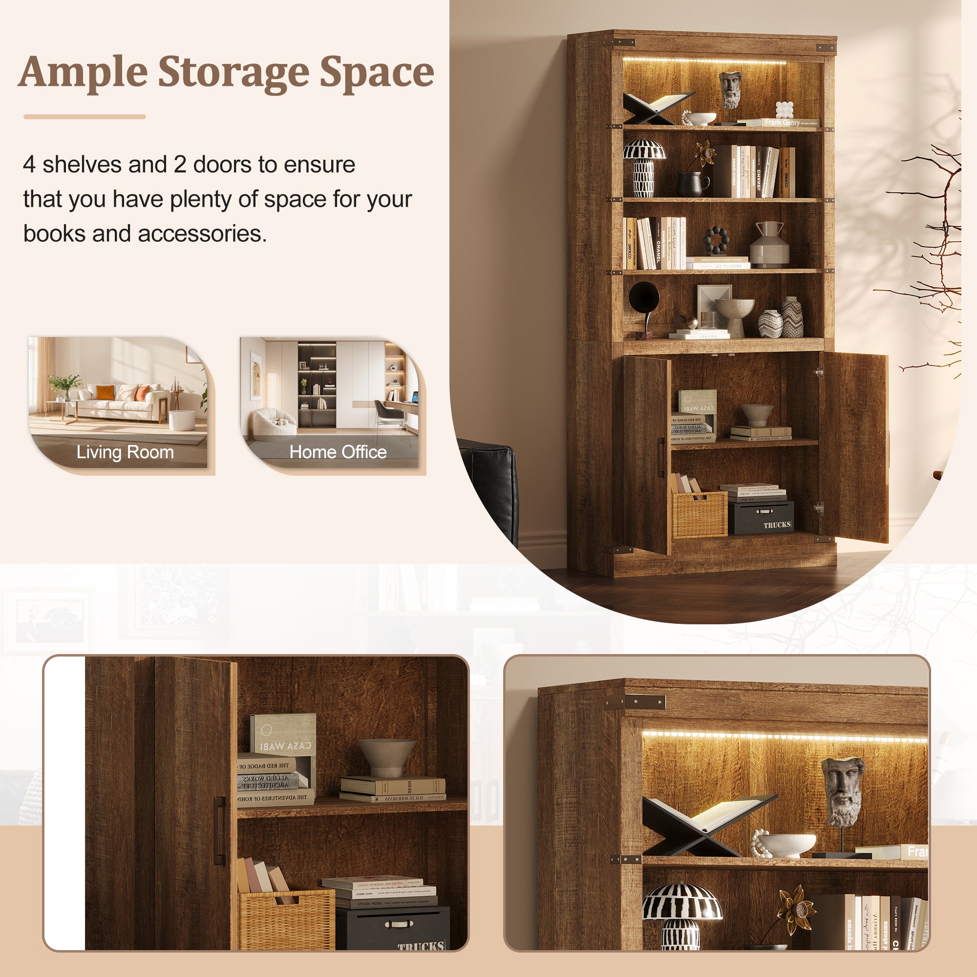 83.4'Tall Modern Bookshelf with Doors, Farmhouse Bookcase with 3-Tier Adjustable Shelves, Display Shelves with LED Light,Larg